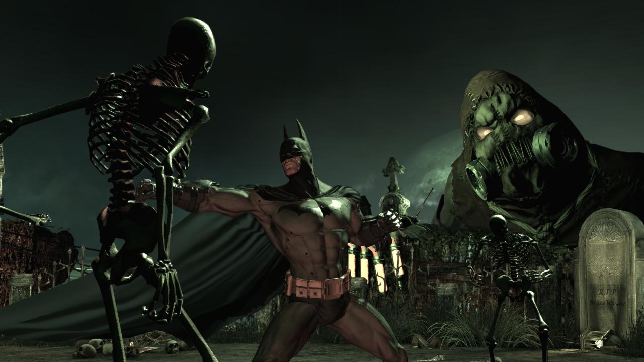 Batman fights skeletons and the Scarecrow in Batman: Arkham Asylum