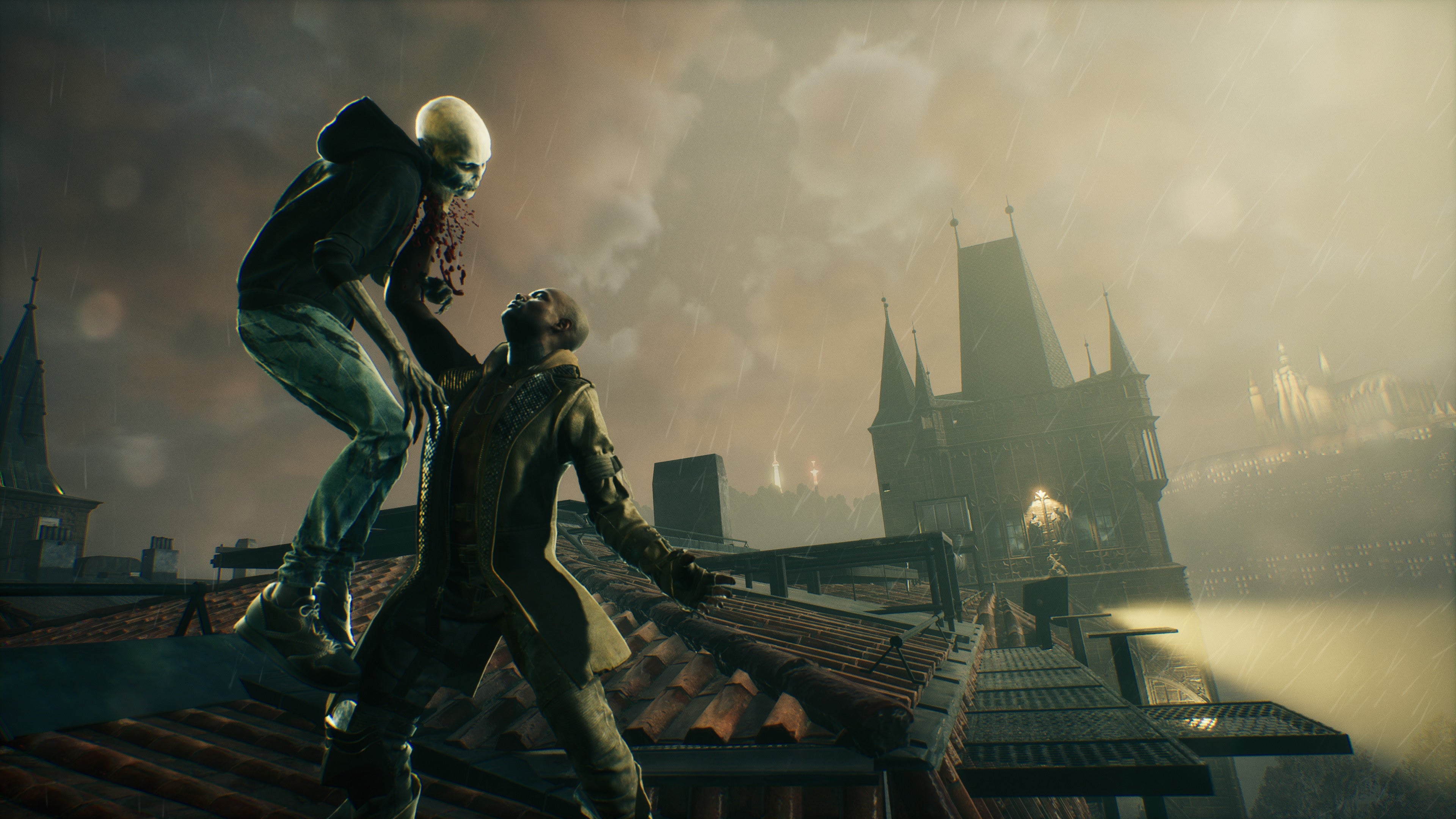 Two vampires fighting on the rooftops of Prague