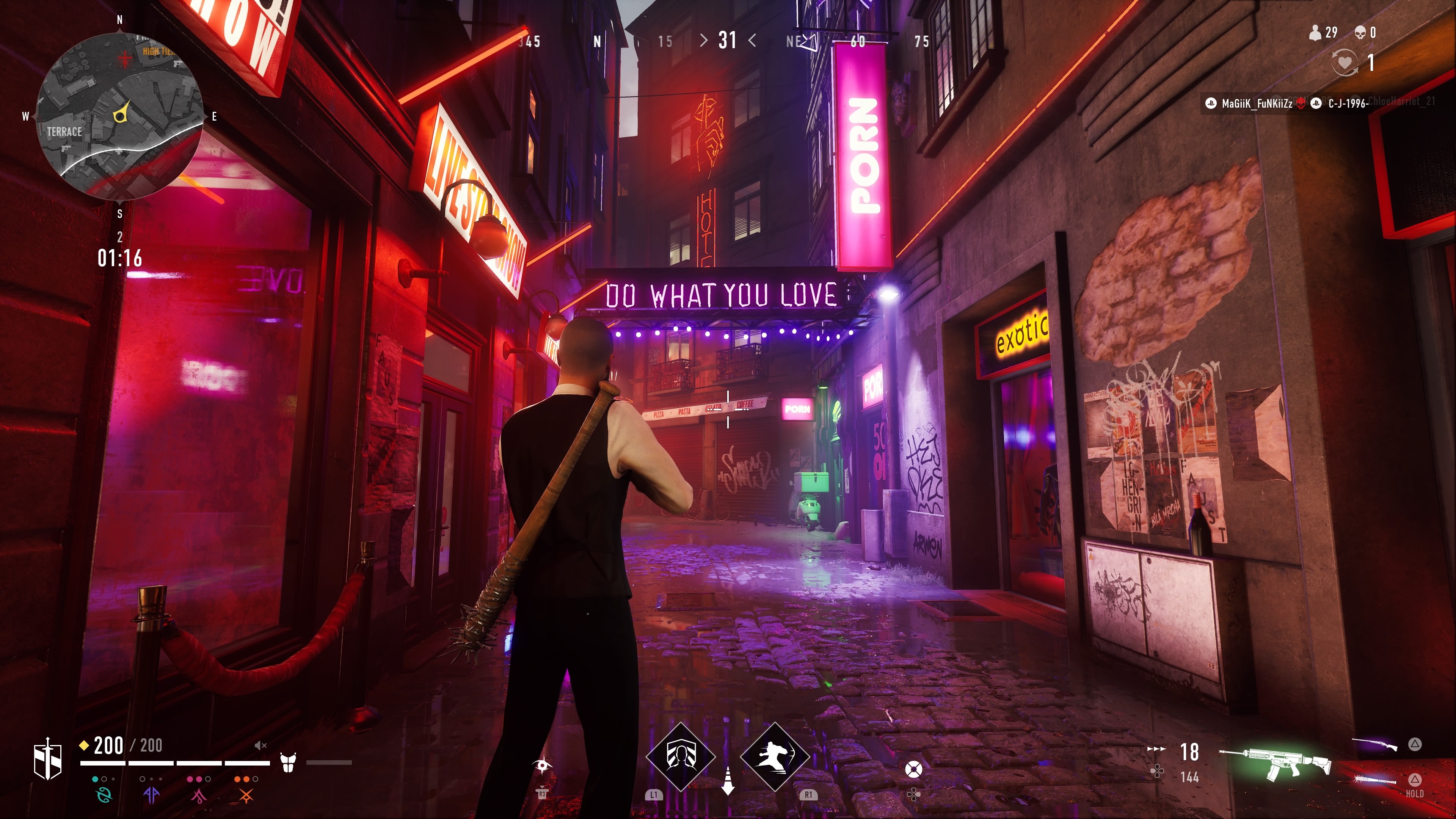 A brightly lit alley in Bloodhunt.