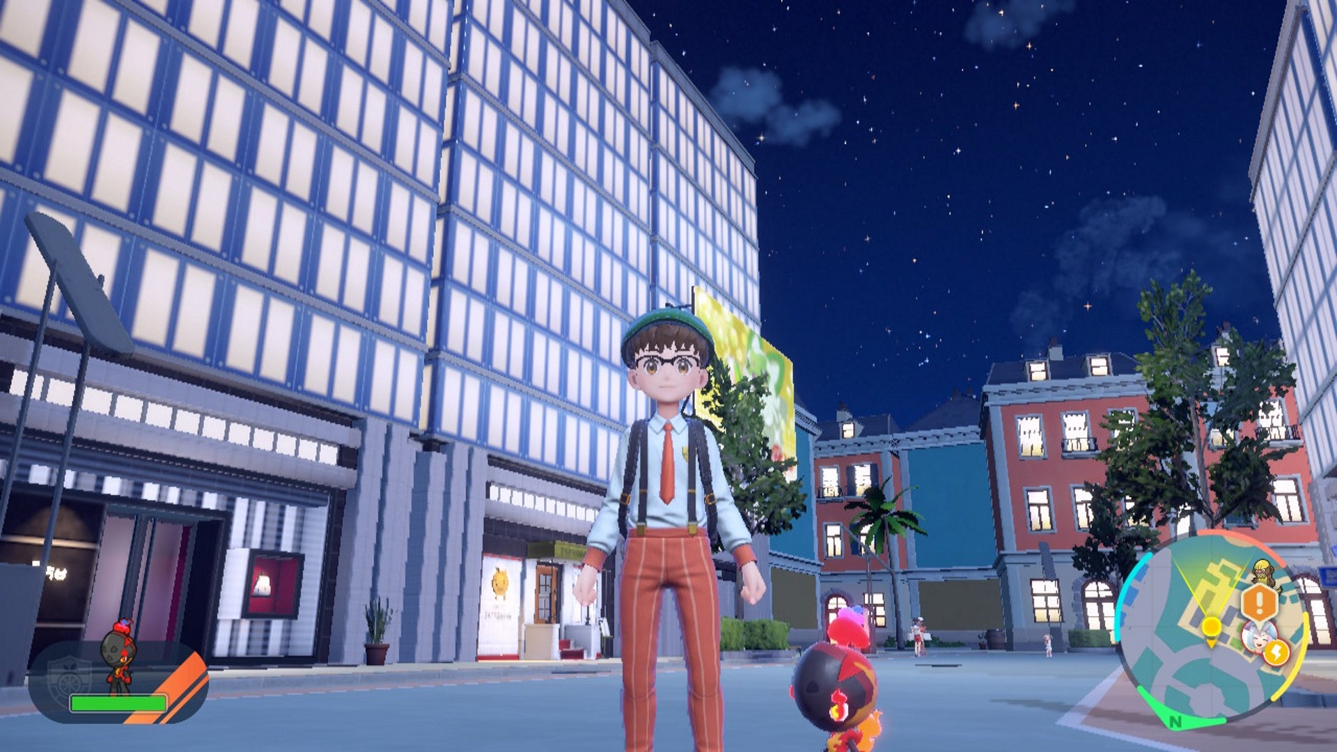 How to change clothes in Scarlet and Violet: An anime child wearing orange pants, a white shirt, and a green hat stands  on a busy street with a small orange Pokemon