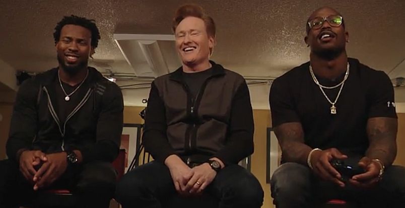 Image for Clueless Gamer Conan O'Brien takes on Doom with Super Bowl 50 players tonight