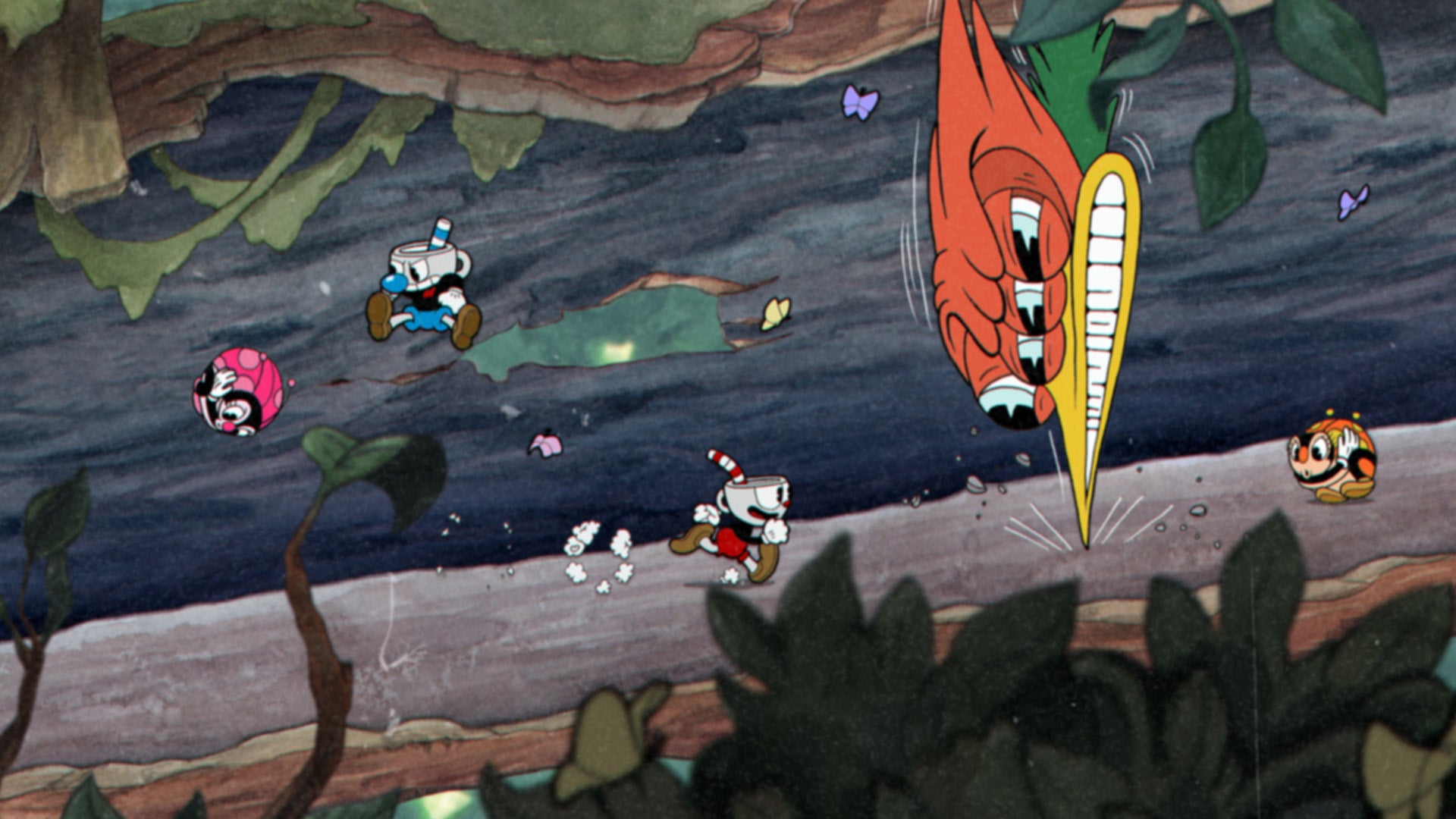 Screenshot from Cuphead of Cuphead and Megaman fighting a woodpecker.