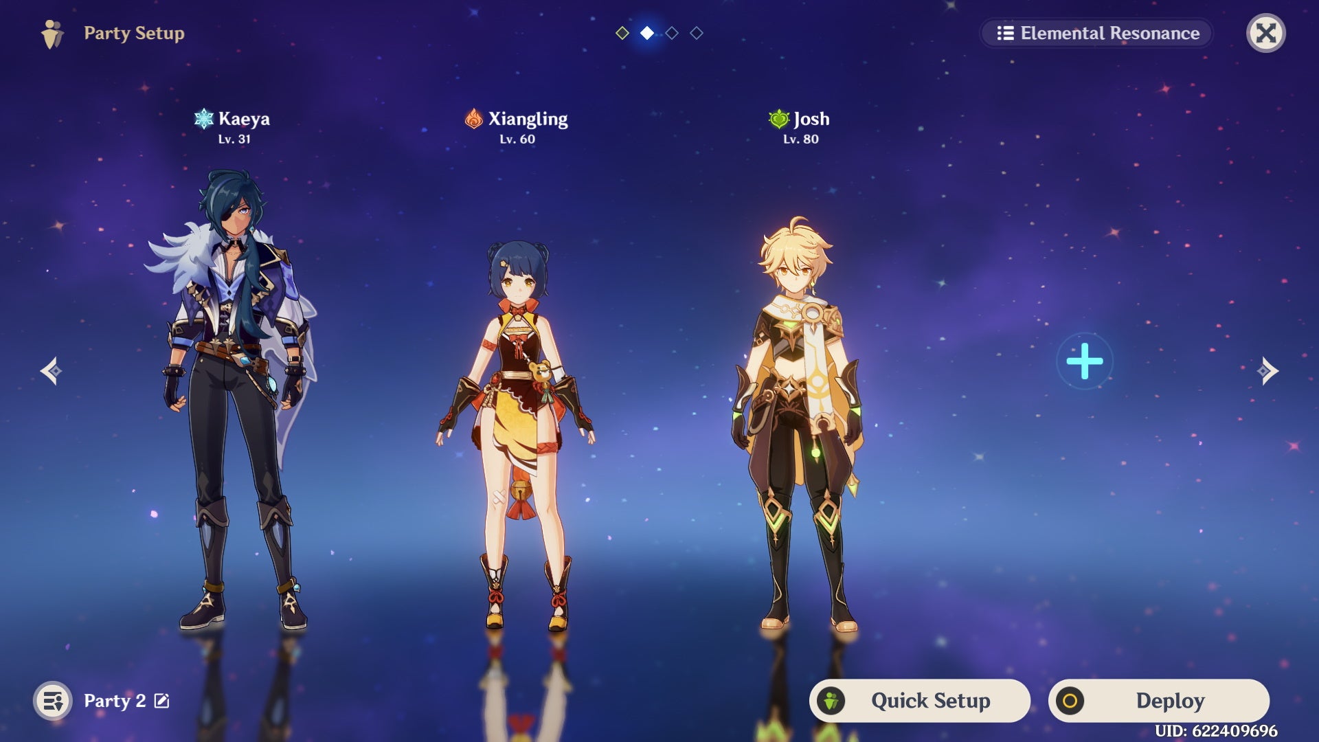 Cyno teams: A menu page showing Cyno's F2P team with Xiangling, the Dendro Traveler, and Kaeya
