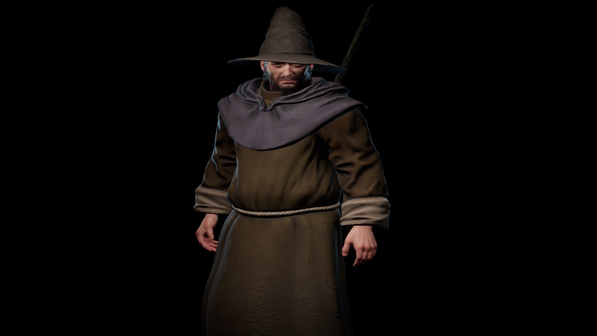How to cast spells in Dark and Darker: An animated man with a gray beard, wearing a grey pointy hat and a plain brown robe, is standing alone in the midst of inky blackness