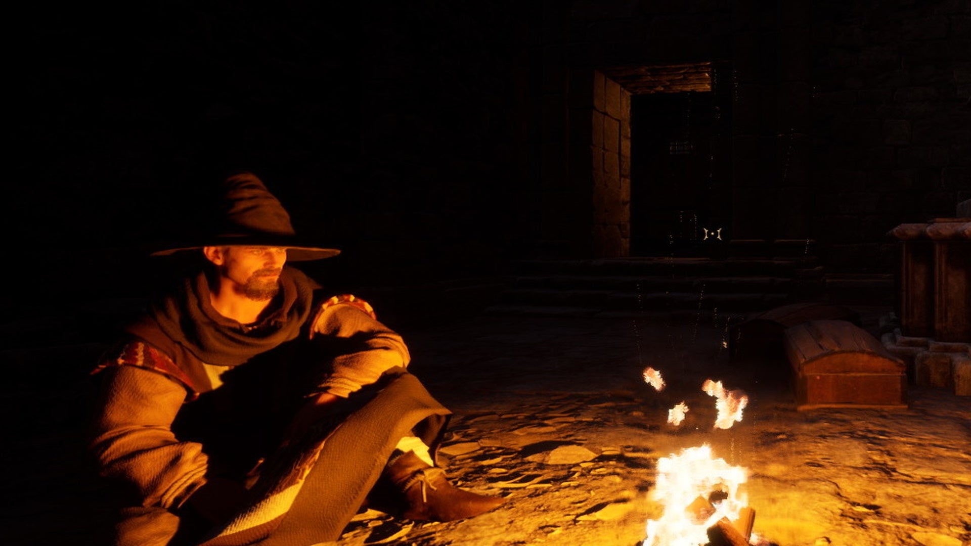 How to extract in Dark and Darker: A crudely animated man wearing a brown cloth shirt and trousers is sitting on a dirt floor near a small campfire. Darkness surrounds him