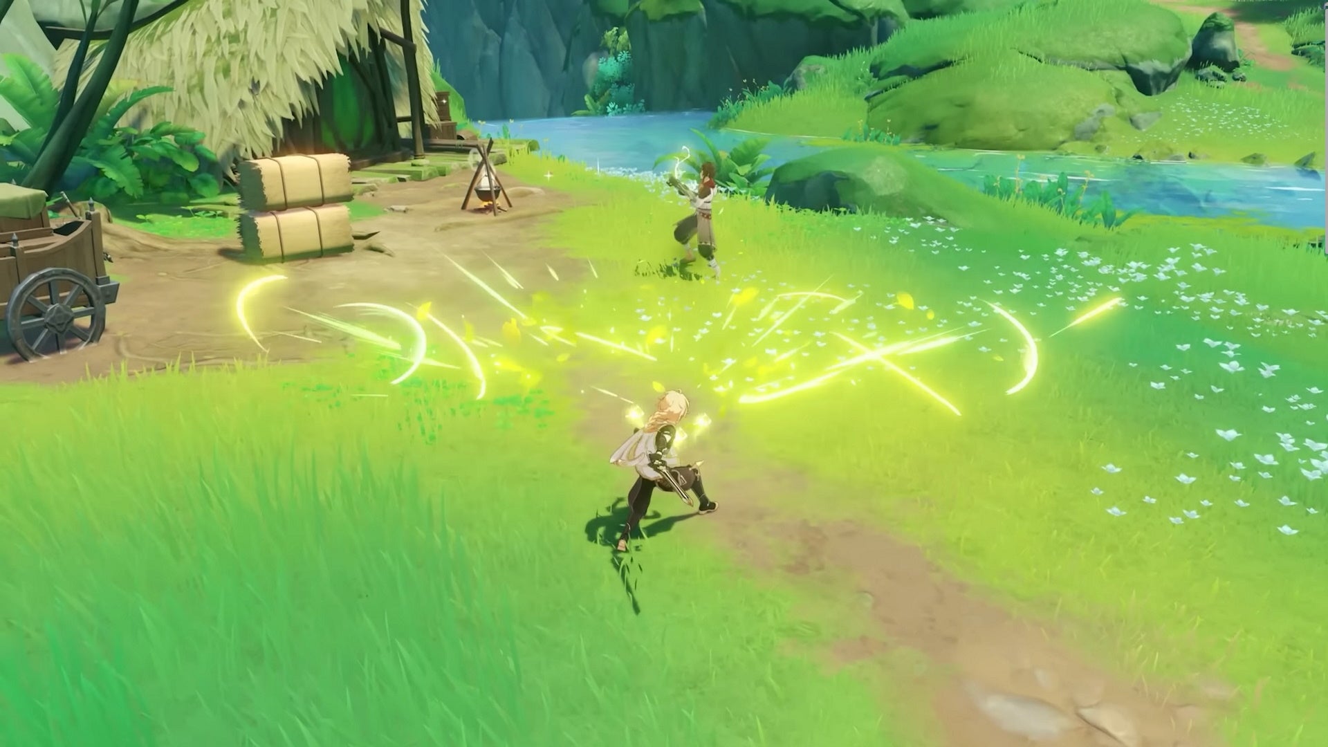 Dendro Traveler build: The Traveler fires a spray of leaves at a human enemy