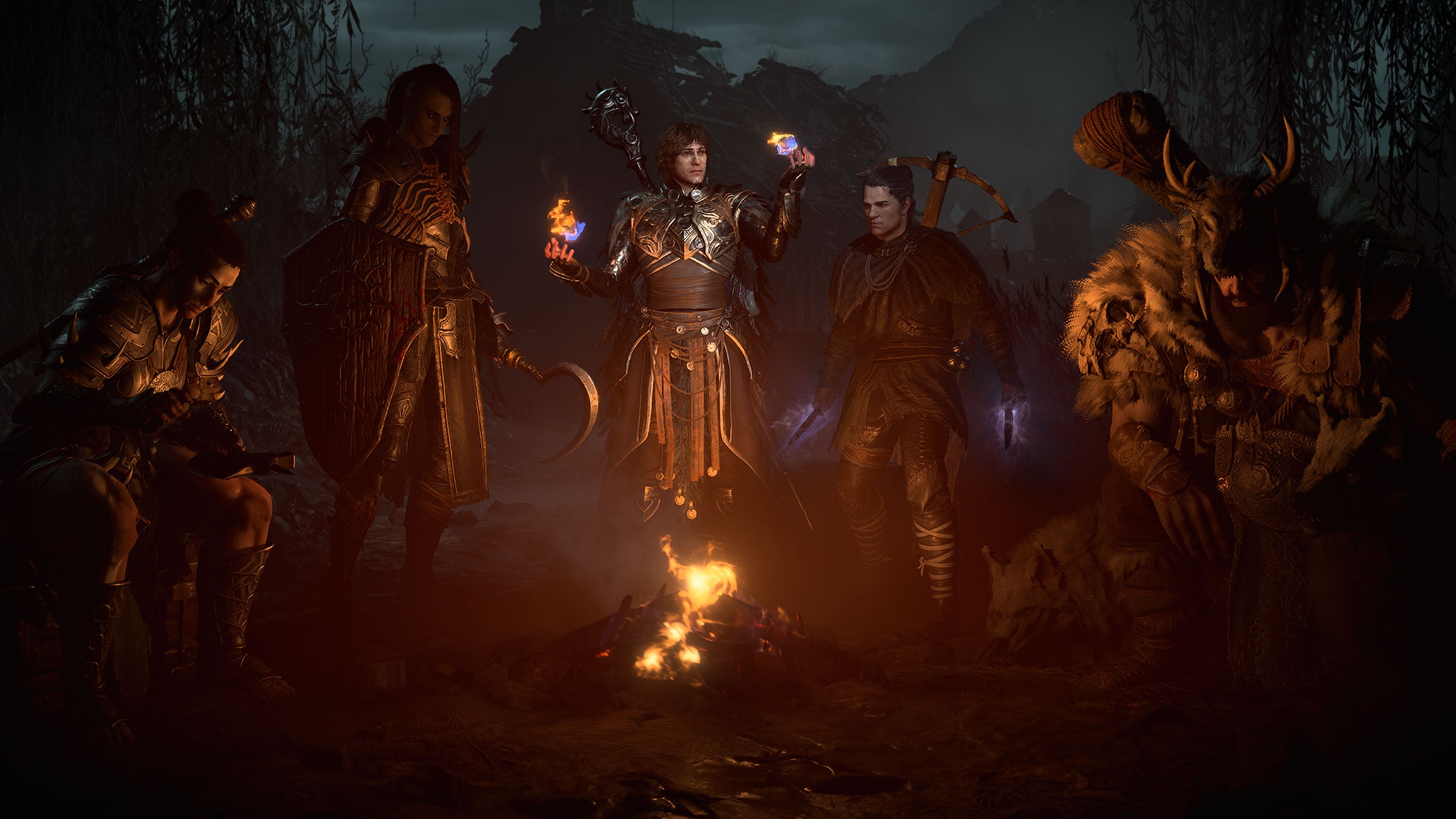 Obra de arte que muestra personajes seleccionables alrededor de una fogata en la versión beta de Diablo 4.