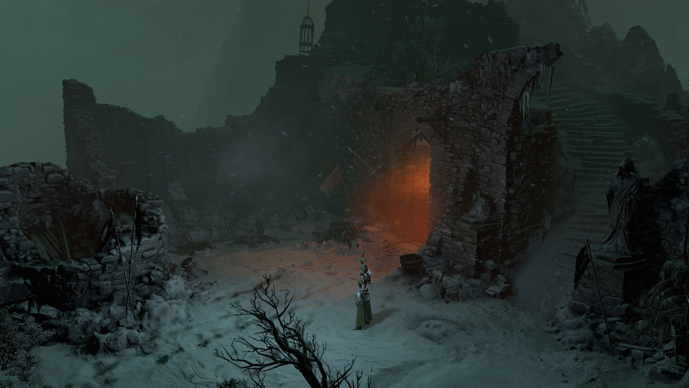 Artwork showing a solitary character in the Fractured Peaks location of Diablo 4.