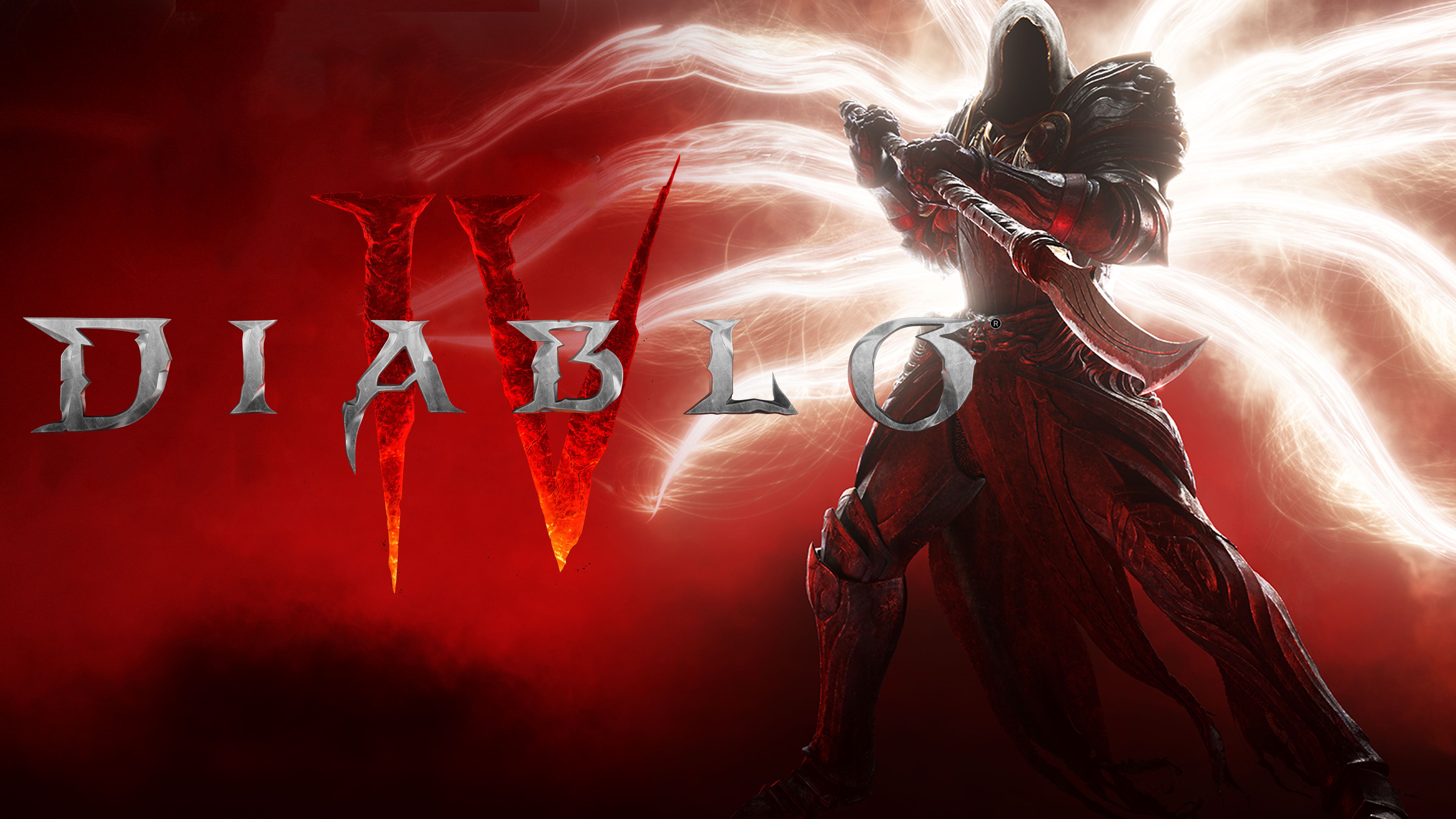 Artwork showing a character holding a weapon alongside a red background and the Diablo 4 logo.