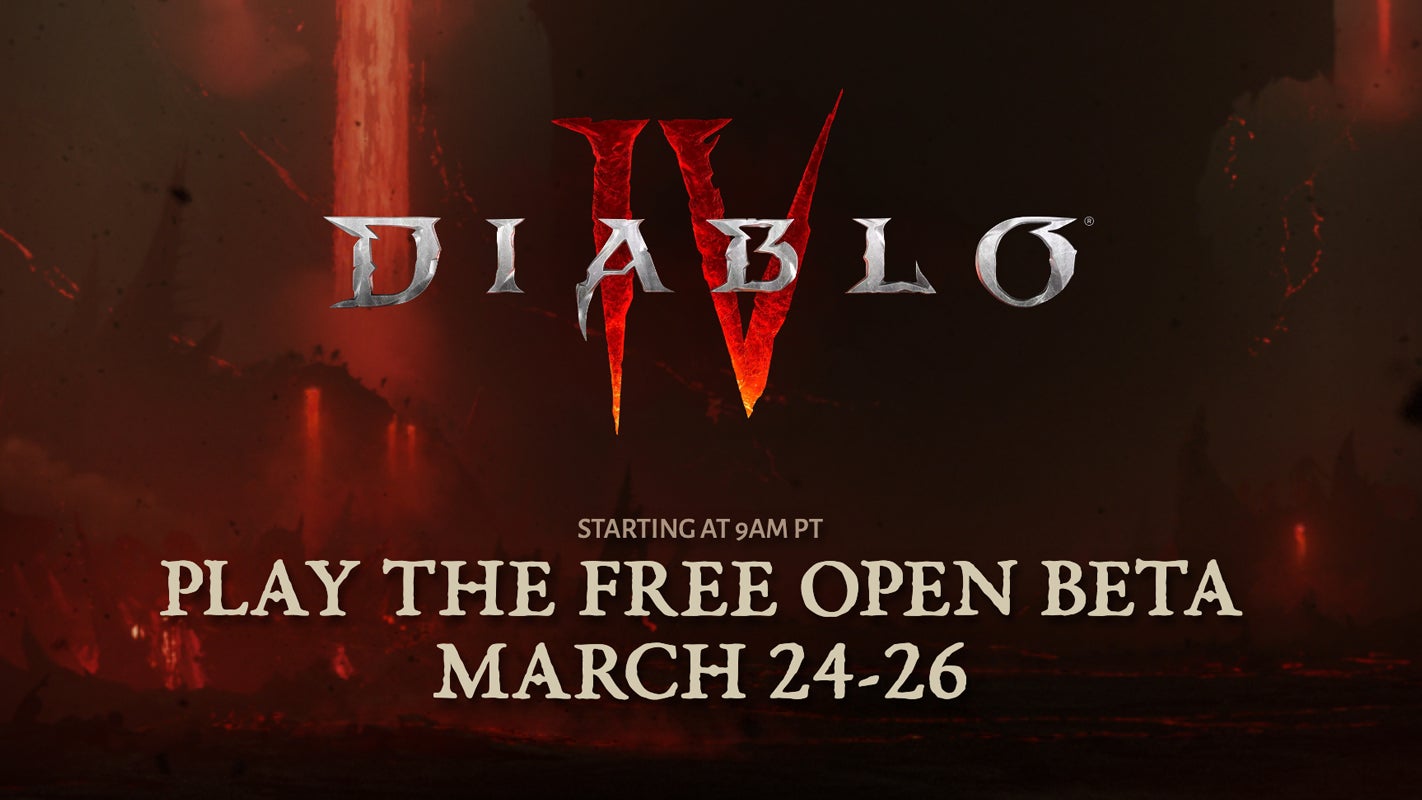Artwork promoting the Diablo 4 open beta and listing the dates and time it's taking place.