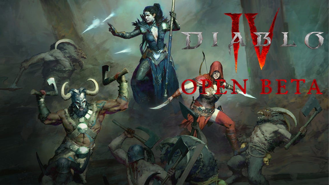 Artwork for Diablo 4 and the logo for the free-to-play open beta test.