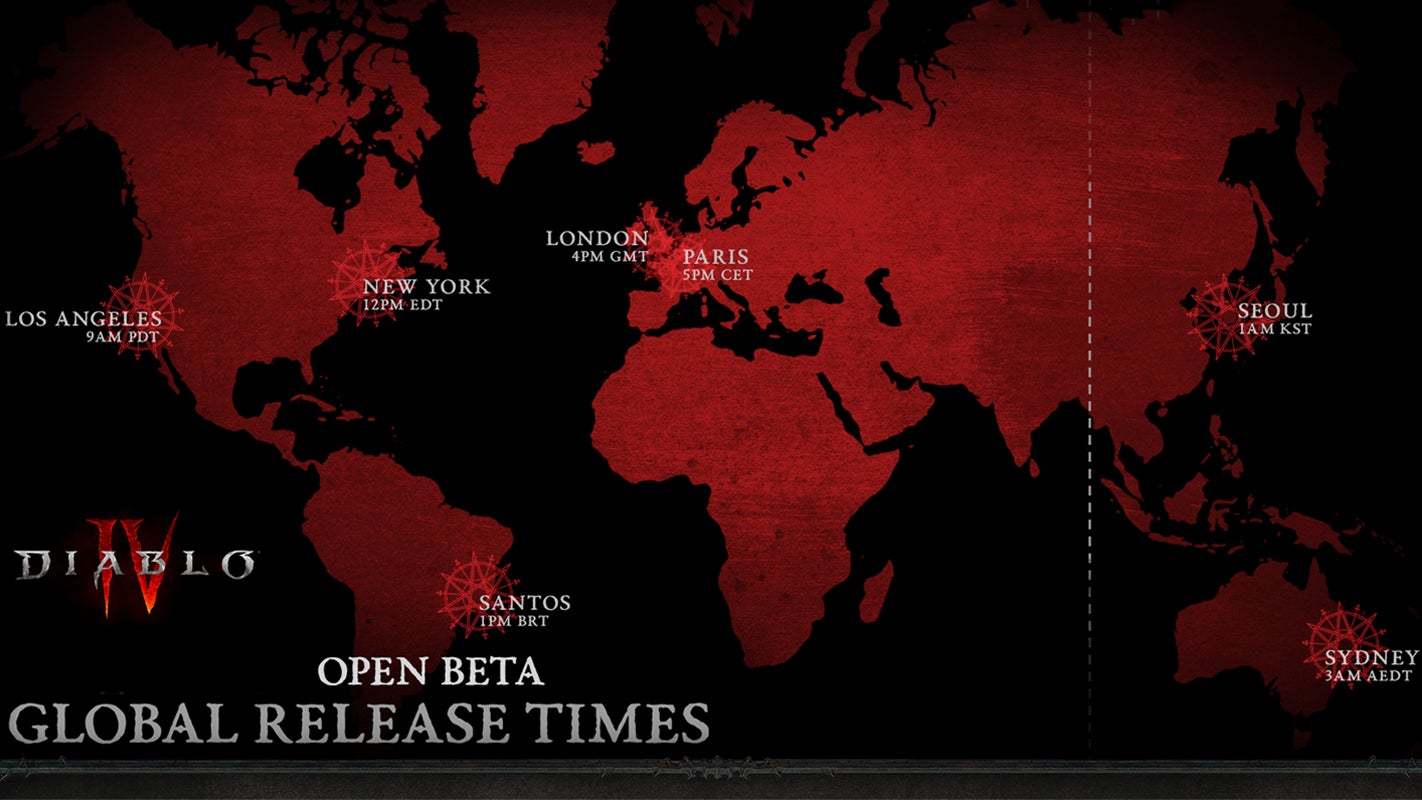 Map of the world showing times that the Diablo 4 open beta launches in different regions.