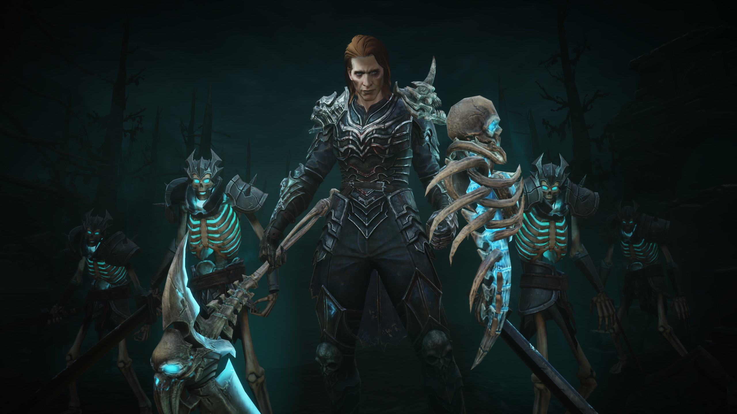 A necromancer, one of the best classes in Diablo Immortal, wielding a scythe and commanding four skeletons