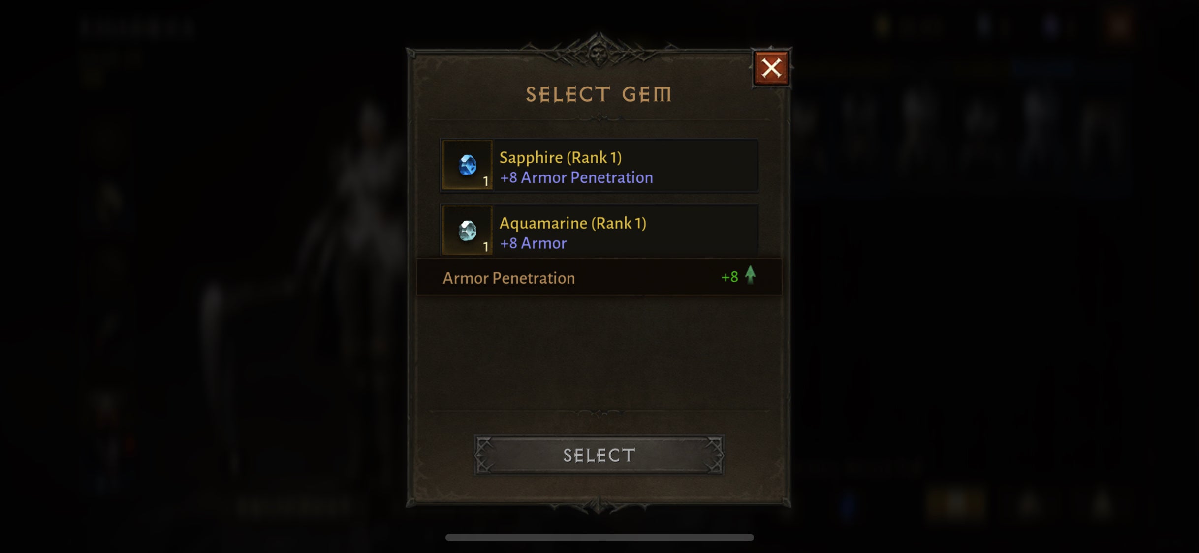 The secondary item gem slotting screen in Diablo Immortal, showing the blue gems Sapphire and Aquamarine