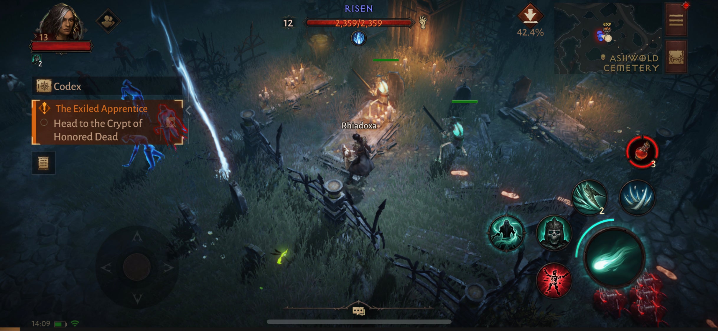A Necromancer in Diablo Immortal fighting three Blue Skull Risen