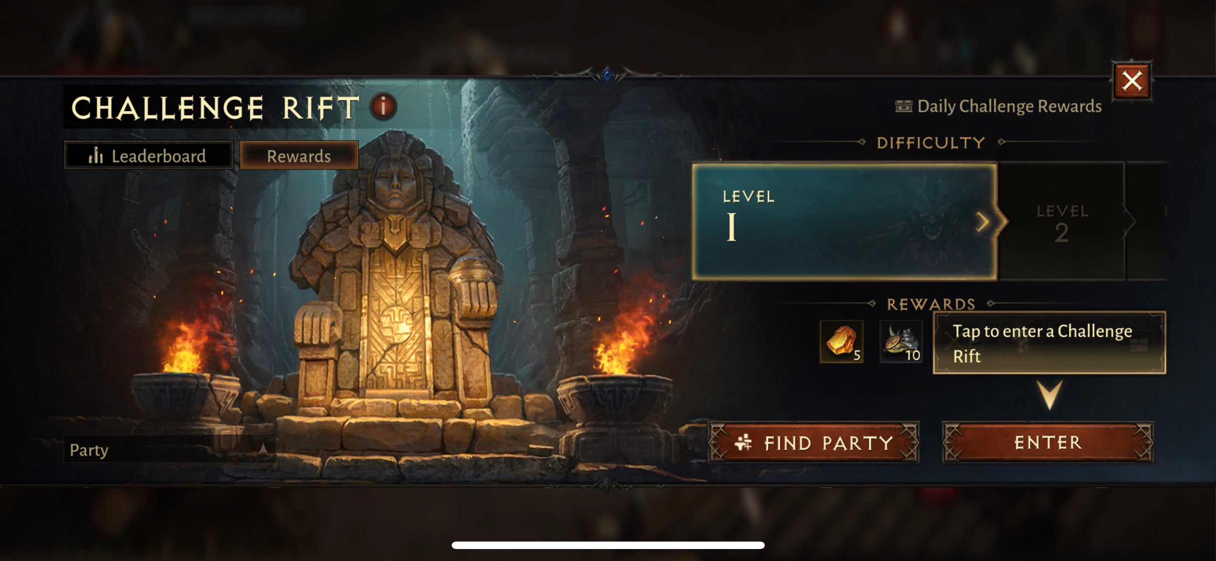 The screen showing the different difficulty levels of the Challenge Rift in Diablo Immortal