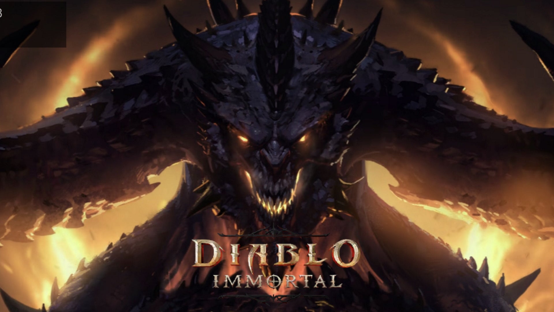 Diablo stares at the viewer against a backdrop of fire