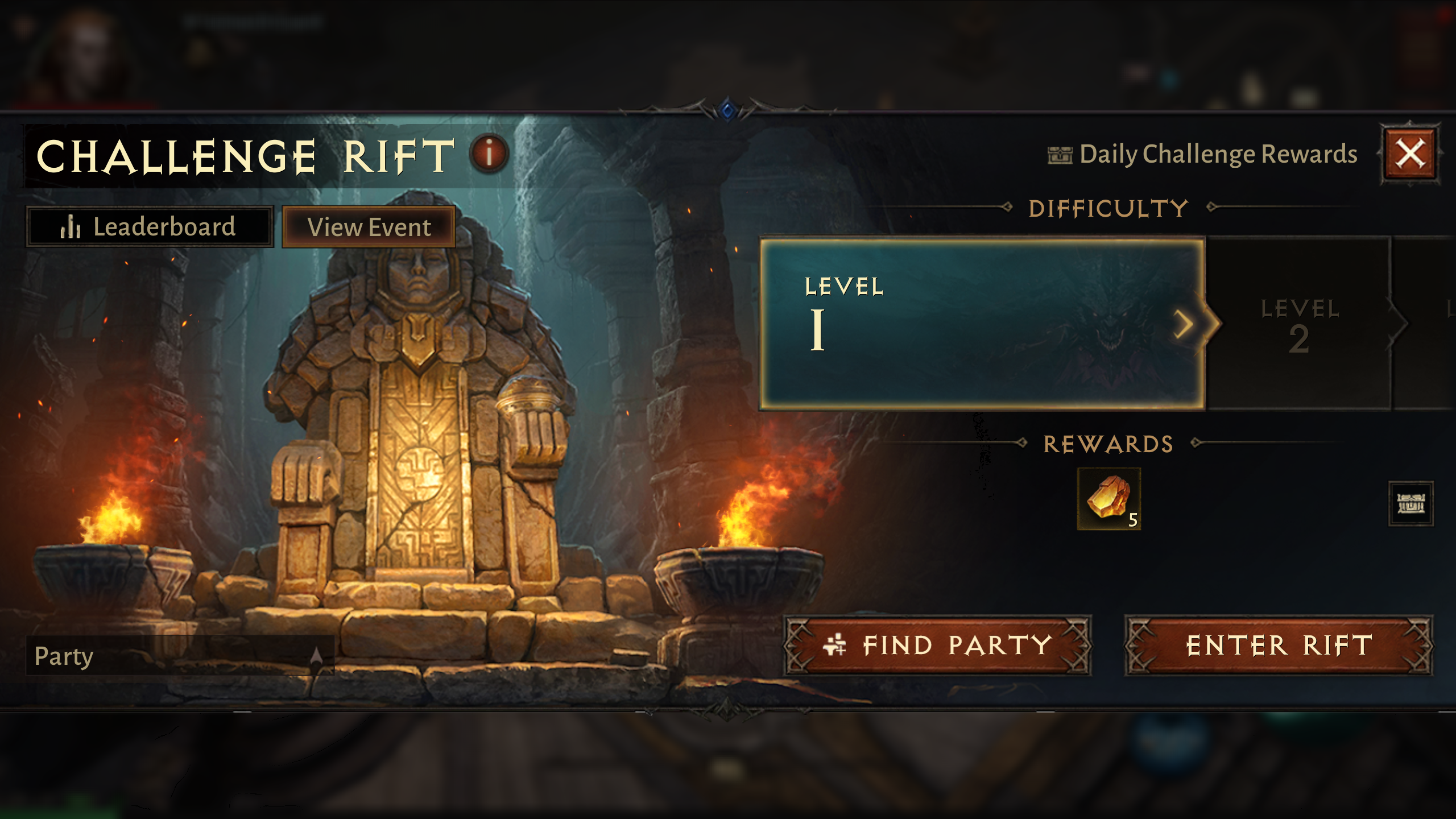 The Challenge Rift difficulty screen, next to the Elder Rift, in Diablo Immortal