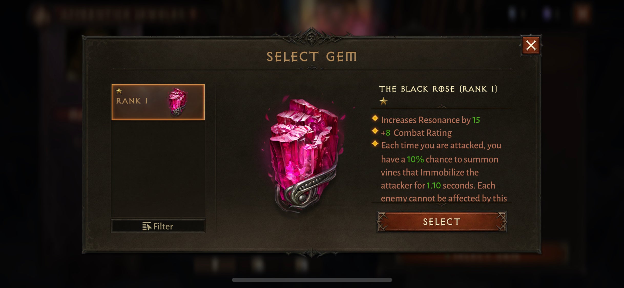 A status screen showing the powerful Black Rose Legendary Gem in Diablo Immortal