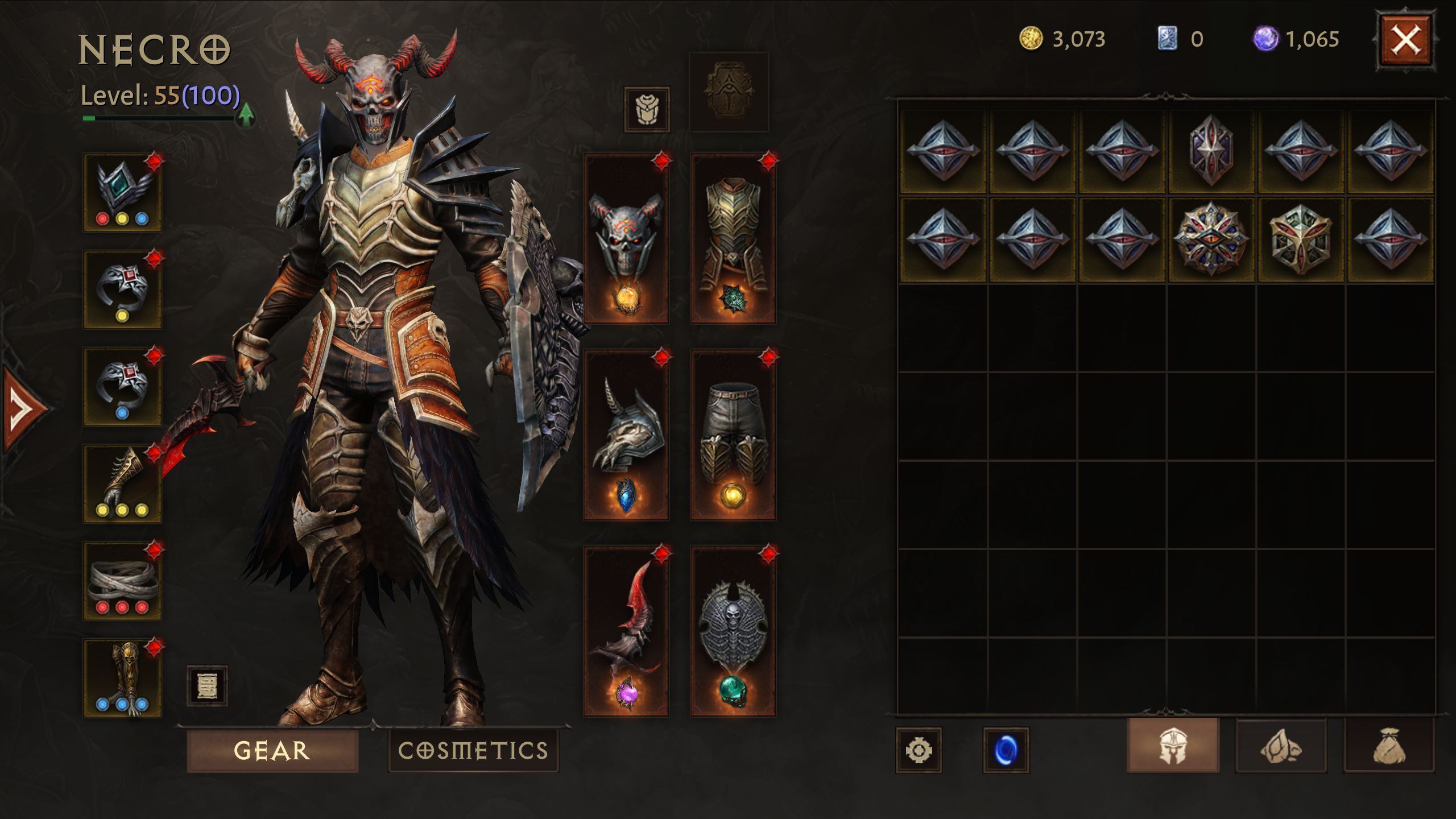 An inventory full of items utilising the power of Legendary Gems in Diablo Immortal