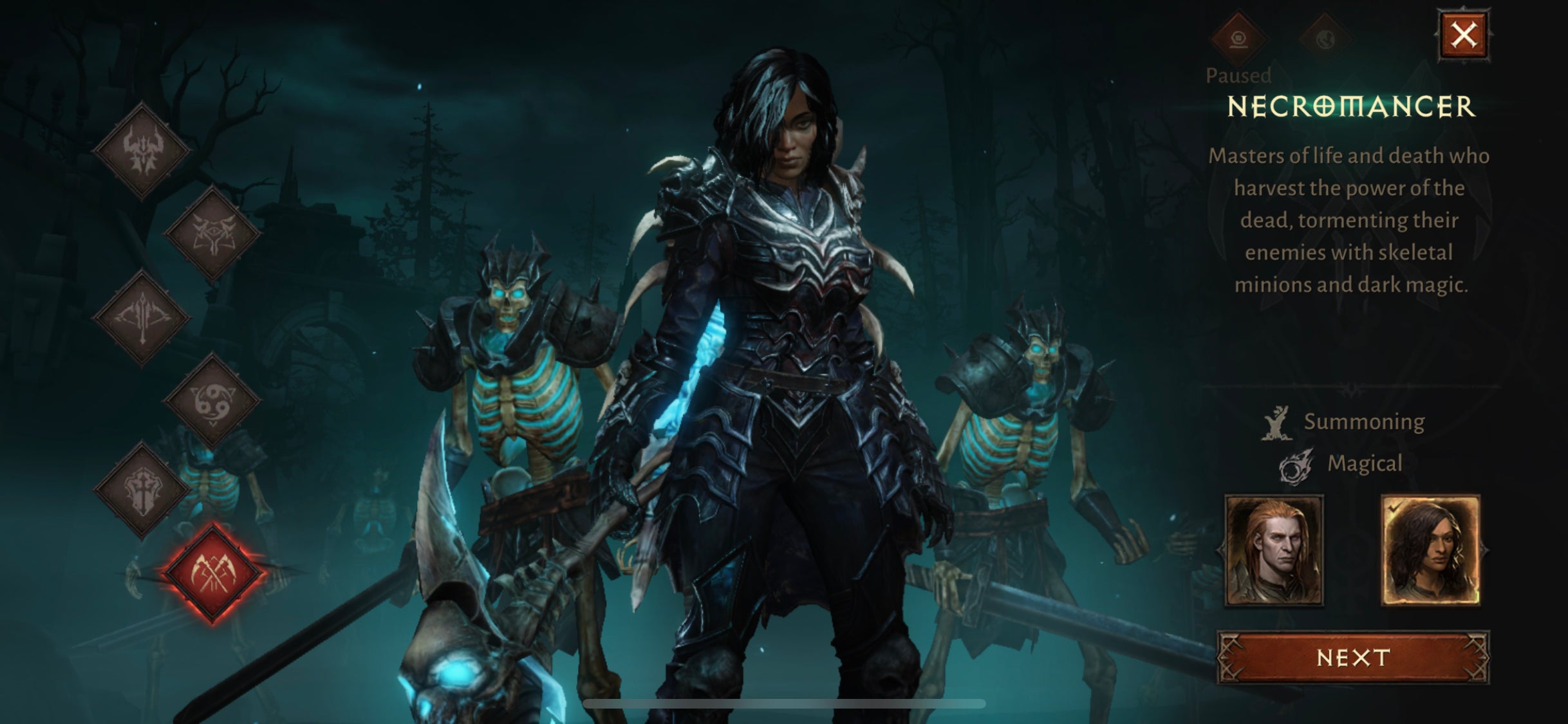 One of the best solo classes in Diablo Immortal, the Necromancer, stands flanked by two skeletons