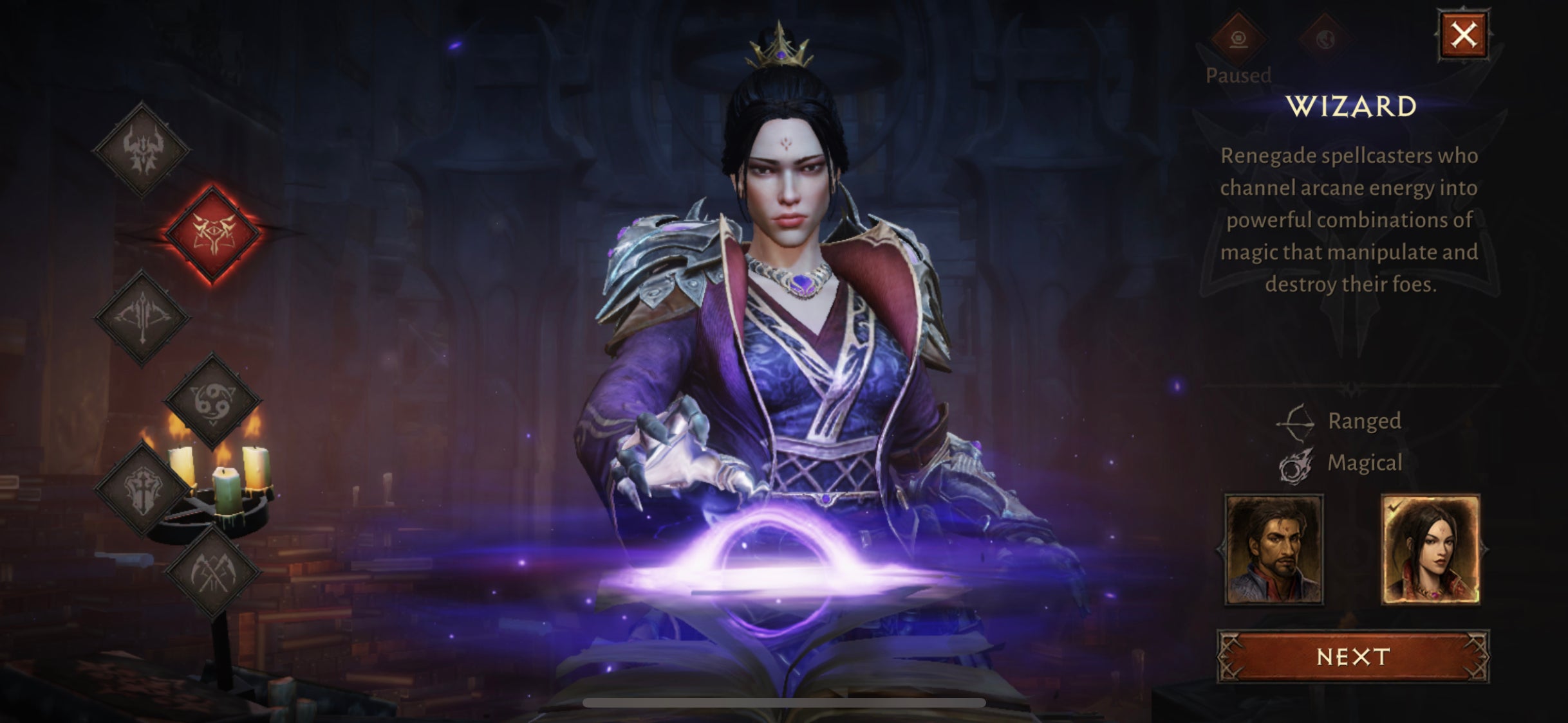 The Wizard class from Diablo Immortal casts an orb of purple magic in front of them
