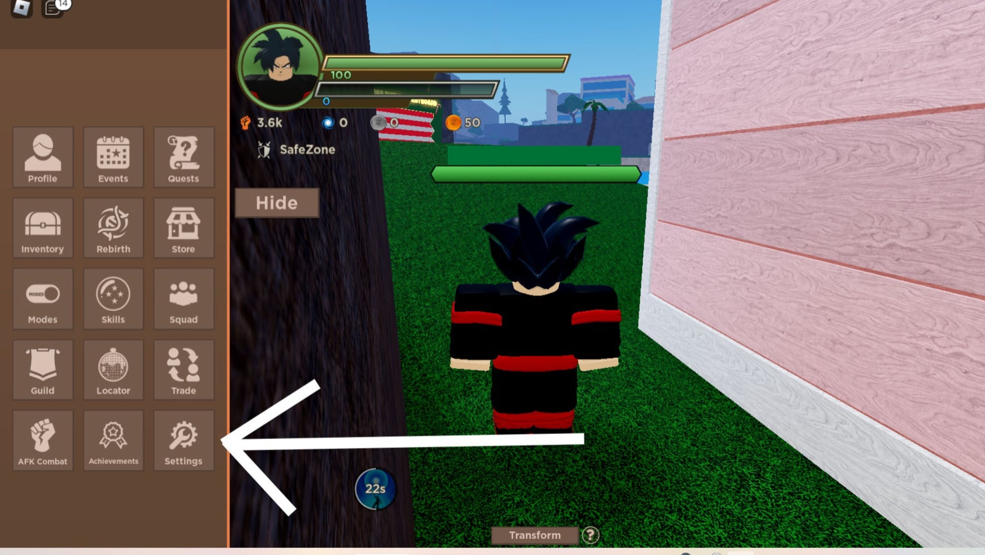 dragon blox main menu, an arrow is pointing to the settings icon in the menu.