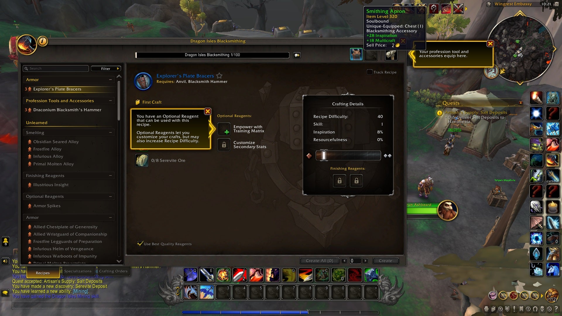 World of Warcraft: Dragonflight profession menu with profession equipment