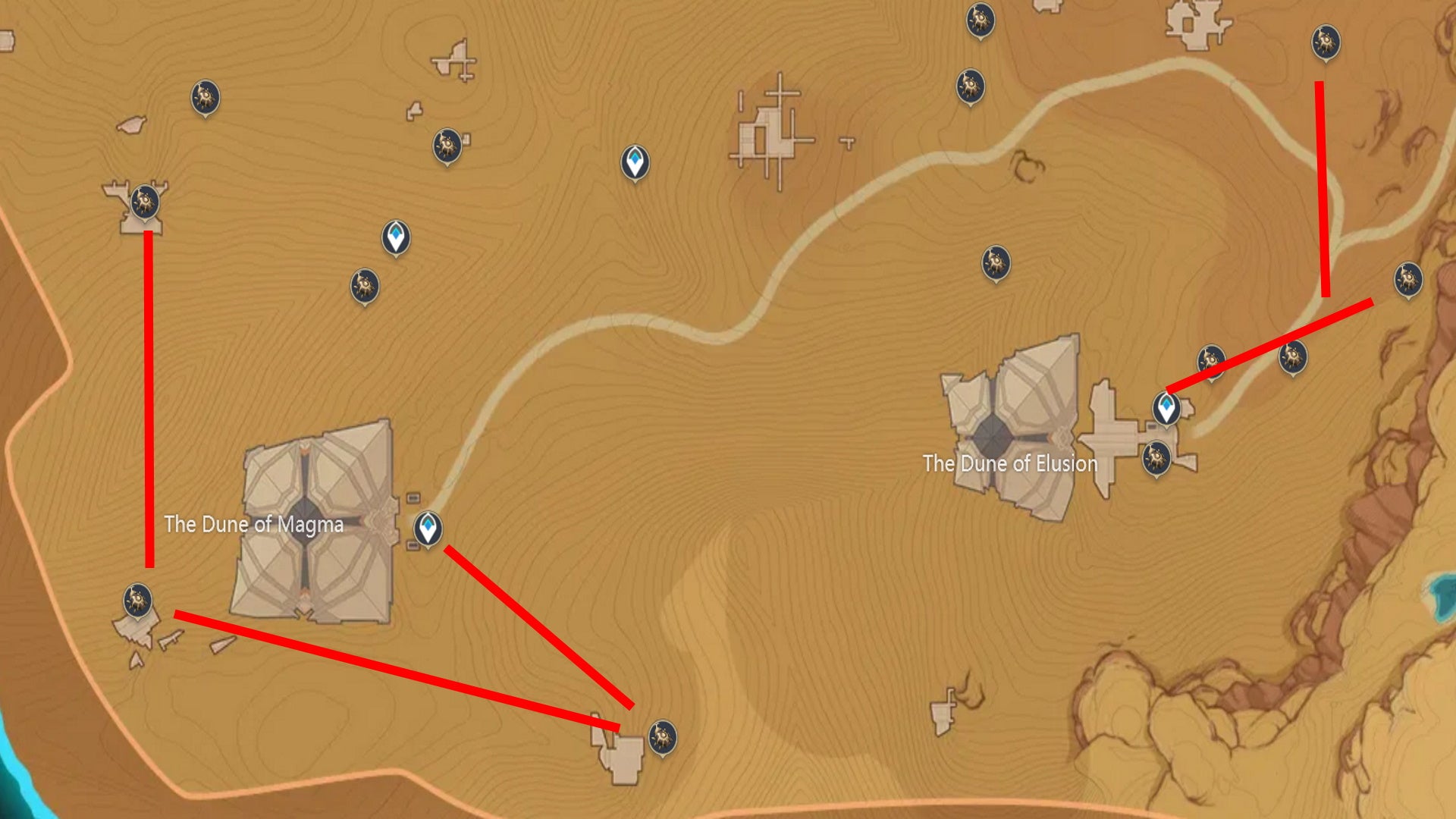 Genshin Impact Scarab locations: A map showing scarab farm routes near Dune of Elusion