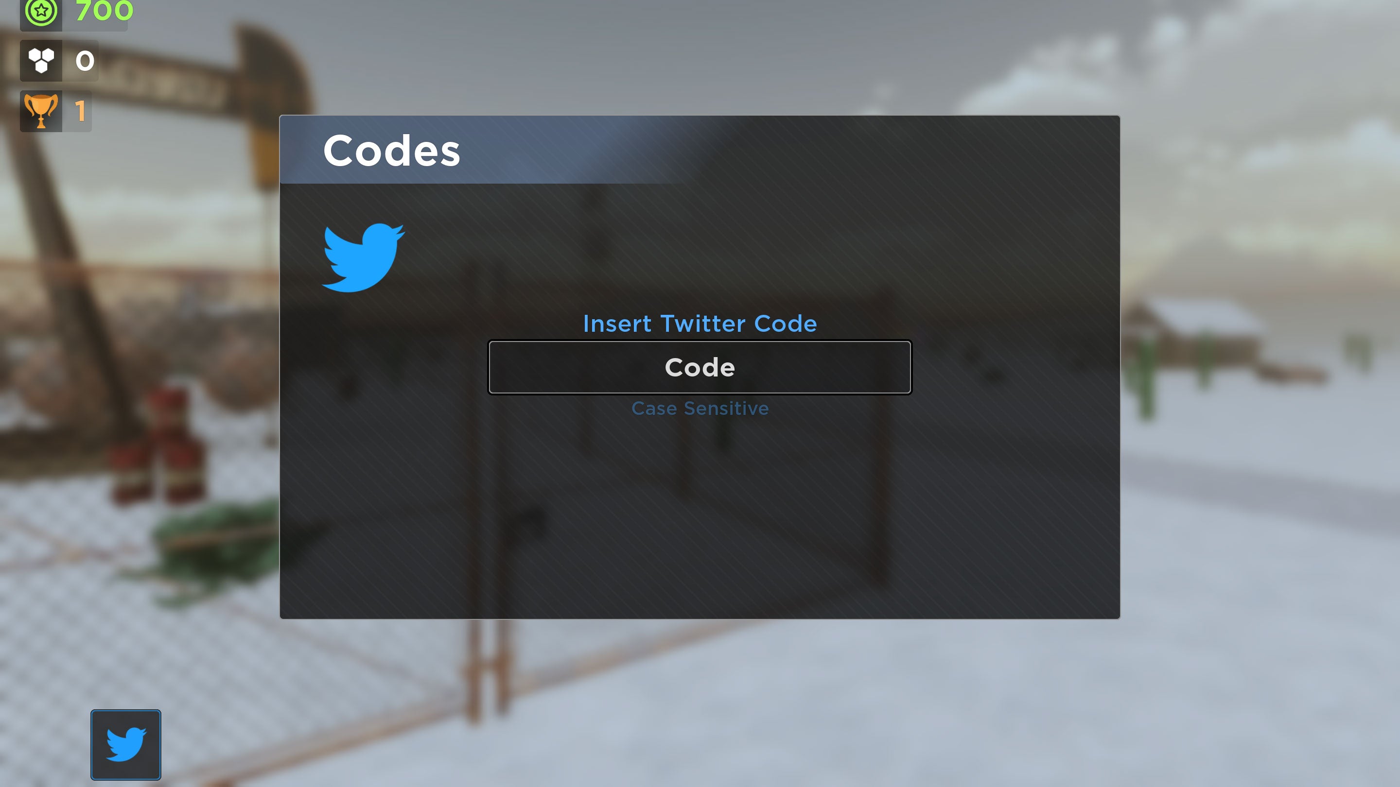 The screen in Roblox game Evade which players use to enter and redeem codes