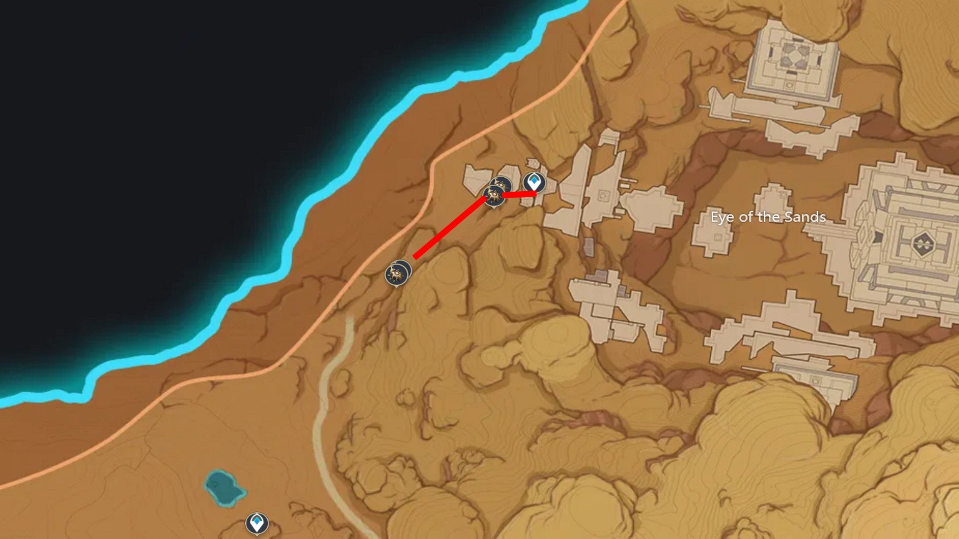 Genshin Impact Scarab locations: A map showing scarab farm routes near Eye of the Sands