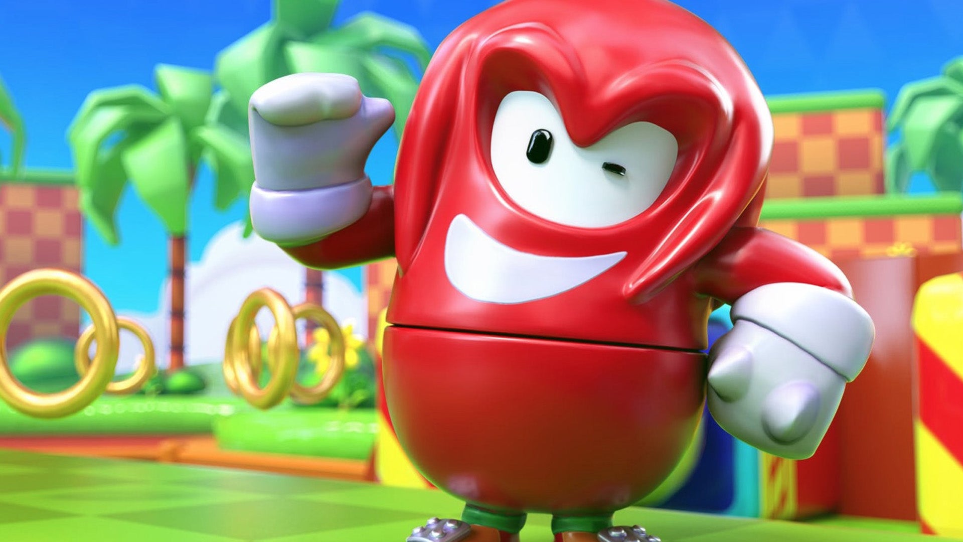 Promo art for Fall Guys showing a Knuckles the Echidna costume on one of the beans.