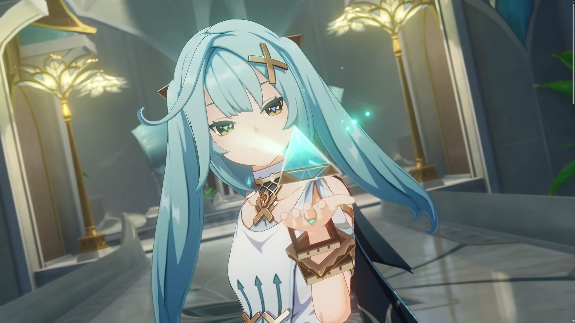 Genshin Faruzan teams: An anime girl in a white dress and with blue pigtails holds a glowing green triangular device in her hand