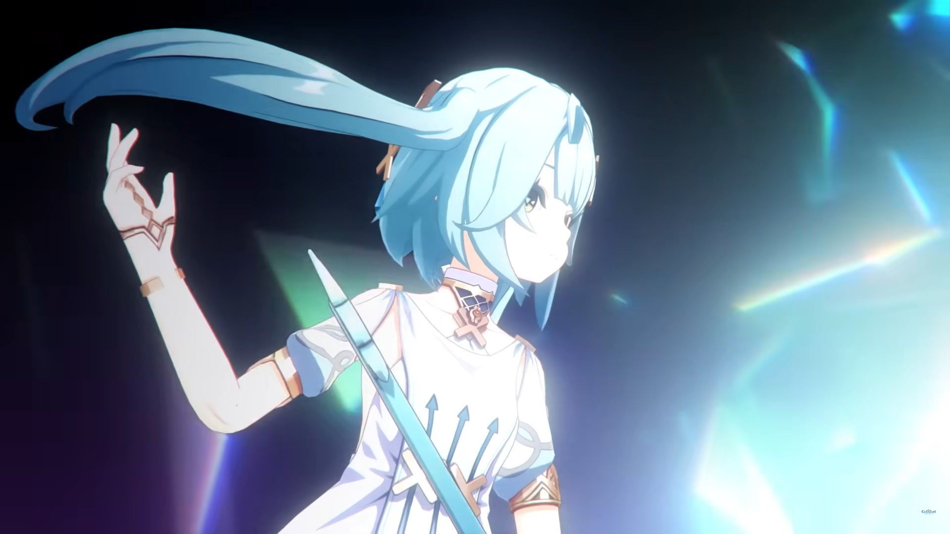 Genshin Faruzan teams: An anime girl in a white dress and with blue pigtails is creating a blue whirlwind, the force of which is blowing her hair back