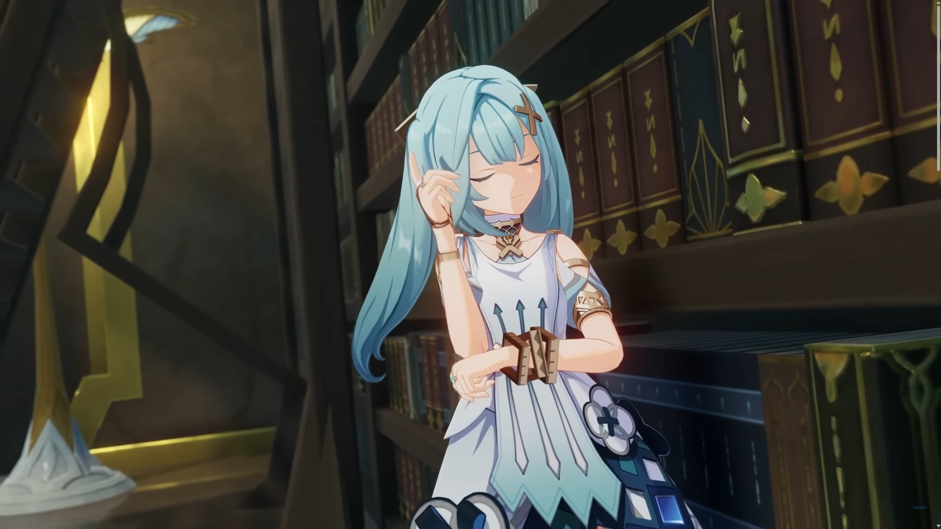 Genshin Faruzan teams: An anime girl in a white dress and with blue pigtails stands near a large bookcase with thick tomes in blue and red binding. Her eyes are closed, and she's tapping her head with one finger