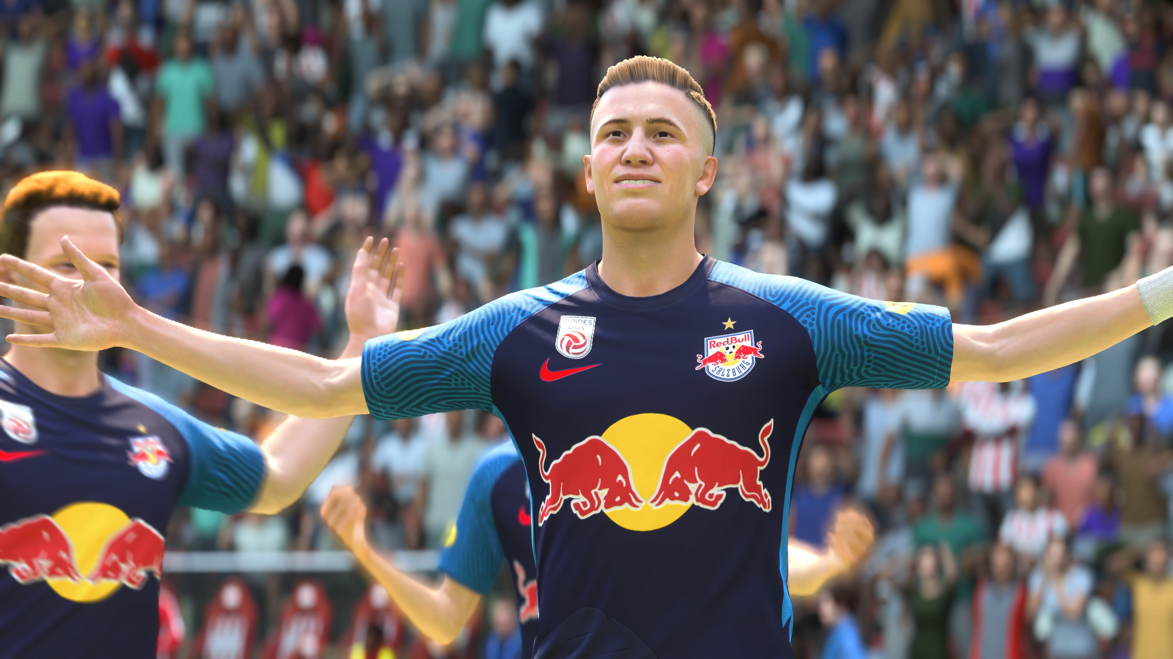 Benjamin Sesko - one of the best strikers in FIFA 23 - celebrating scoring a goal