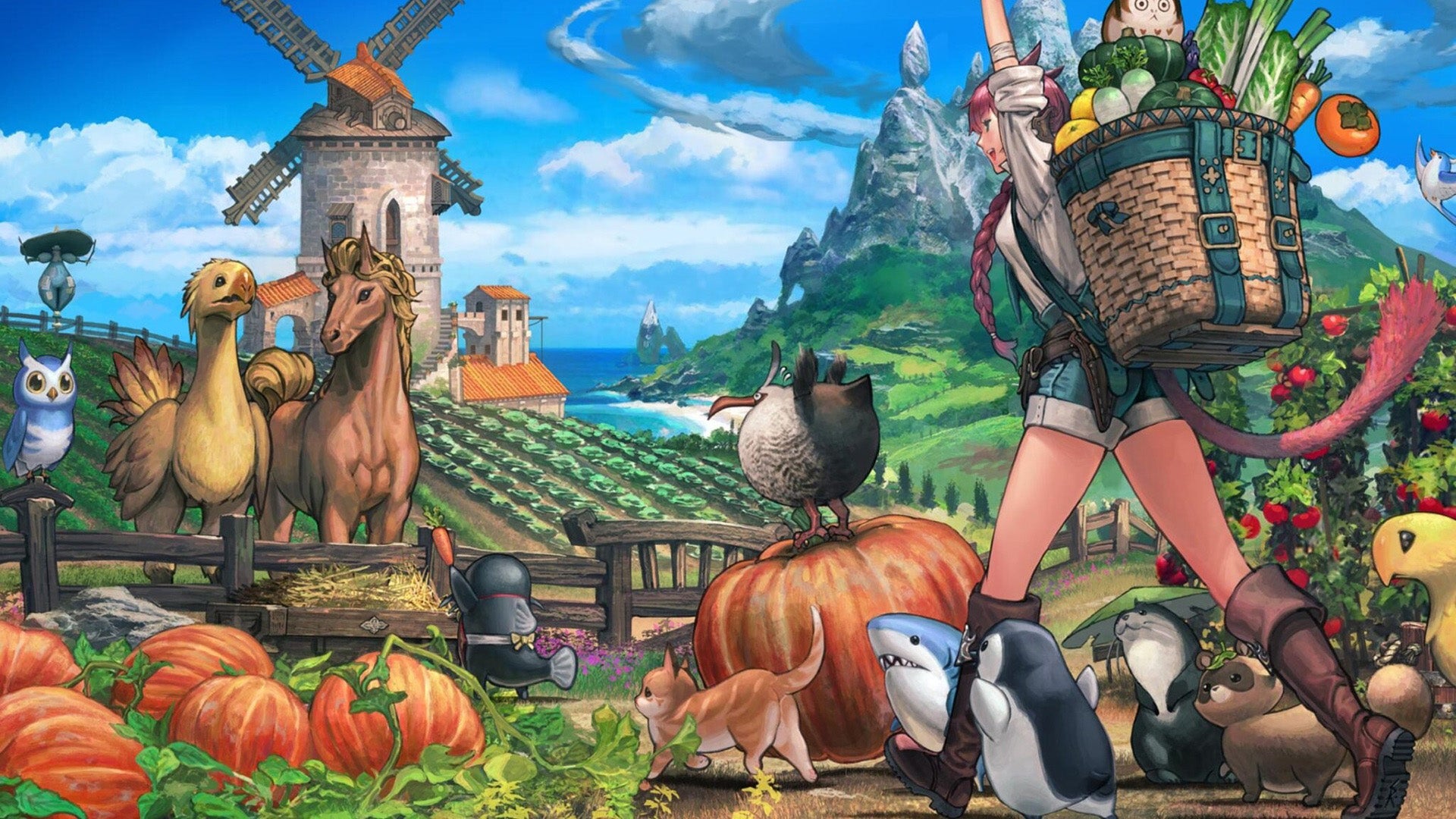 Final Fantasy 14 key art showing a warrior of light on a farm with various vegetables and animals surrounding them.