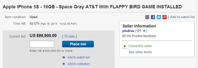 Image for iPhone with pre-installed Flappy Bird app sitting at $99,900 on eBay right now