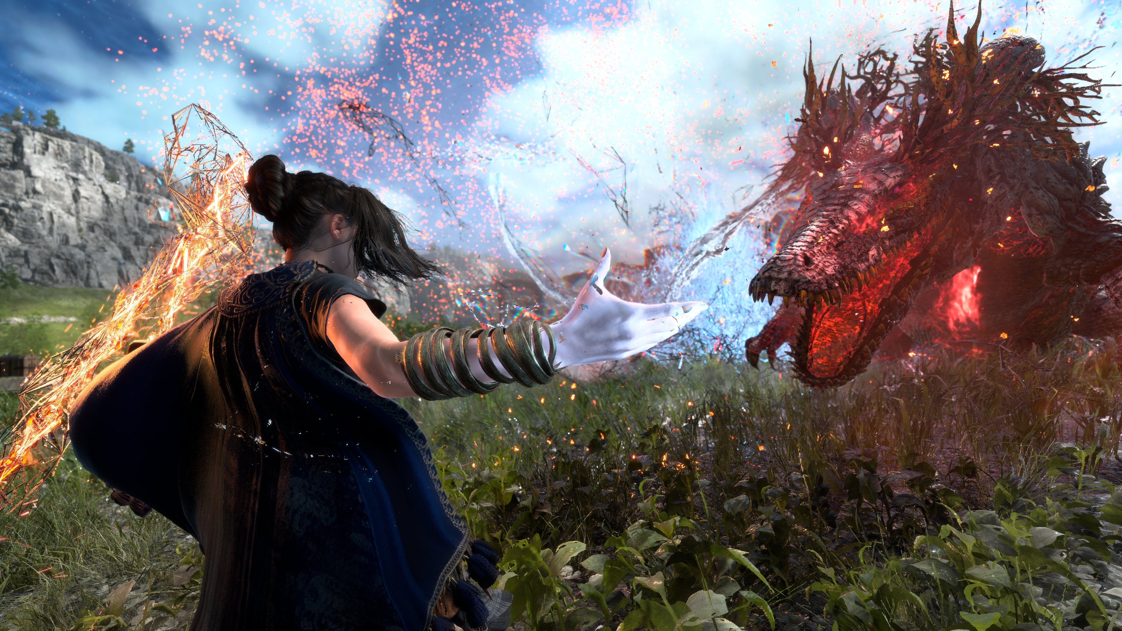Frey wielding damage and support spells in different hands to defeat an enemy in Forspoken