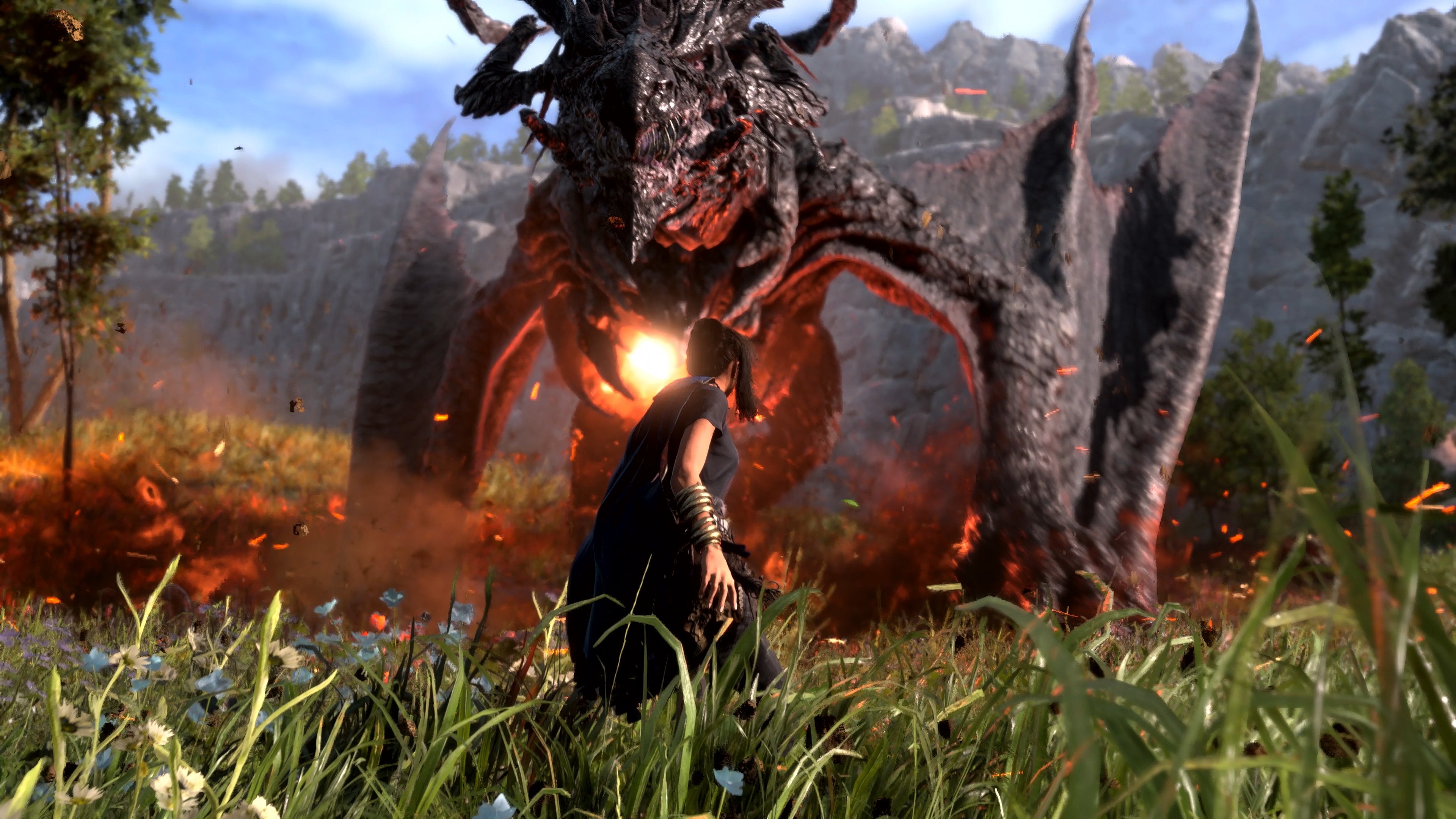 Frey faces off against a fearsome dragon in Forspoken