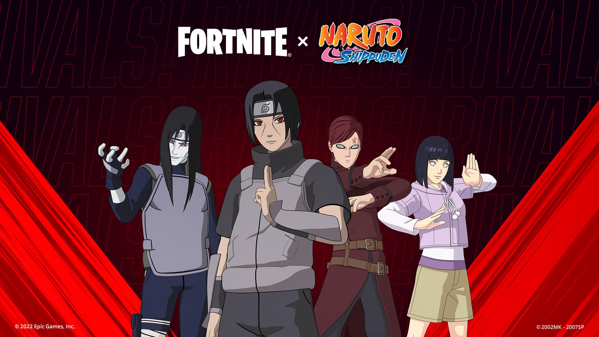 Naruto's rivals standing against a red and black backdrop