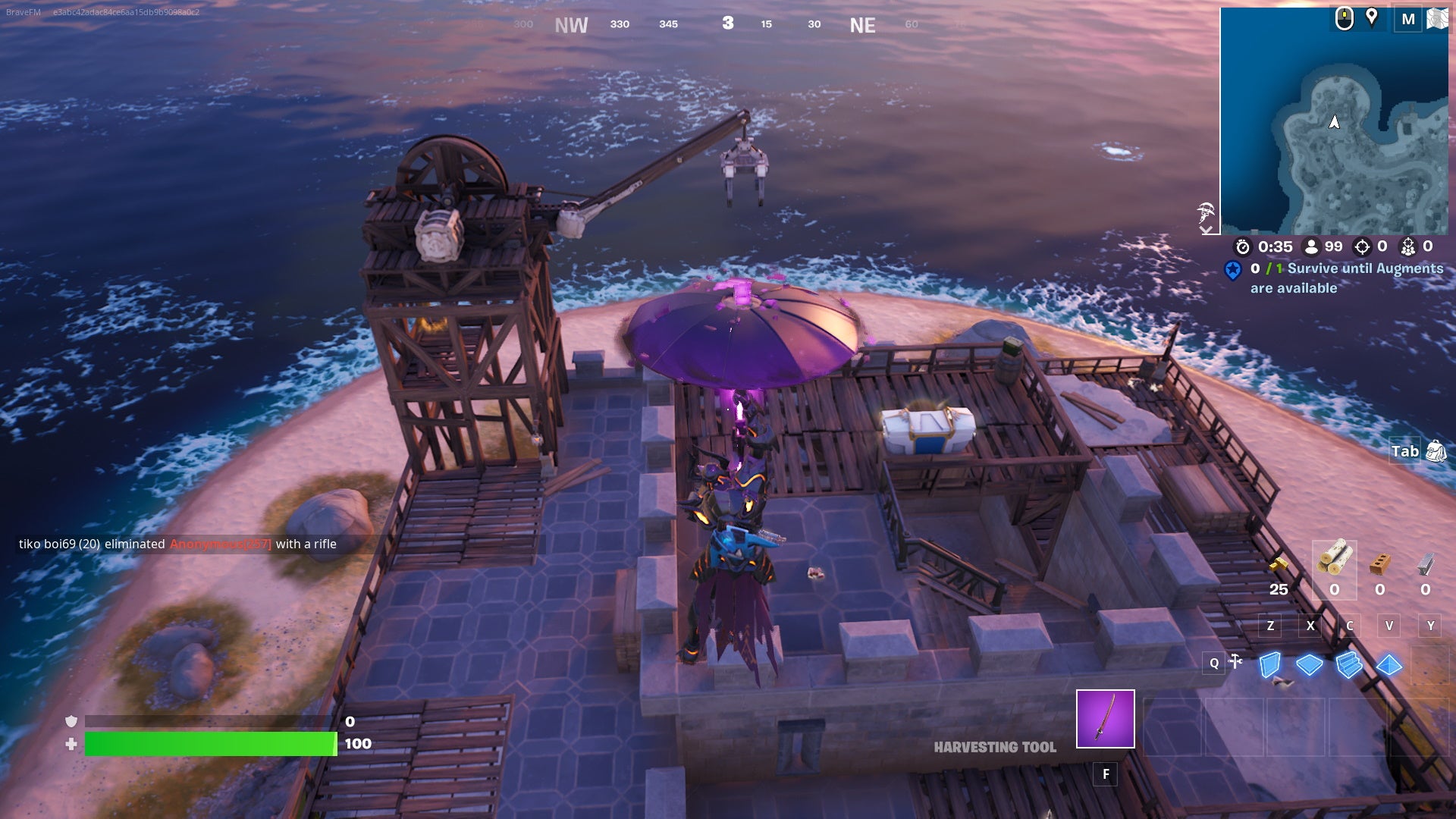 Fortnite Oathbound Chests: An animated character in pointy black armor glides down on a purple umbrella, heading towards a wooden platform atop stone ramparts. A large silver chest is sitting on the platform.
