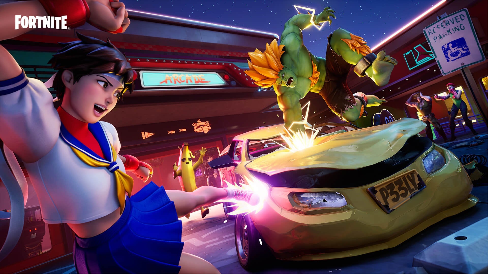 The loading screen of Sakura and Blanka where both characters are beating up a car.