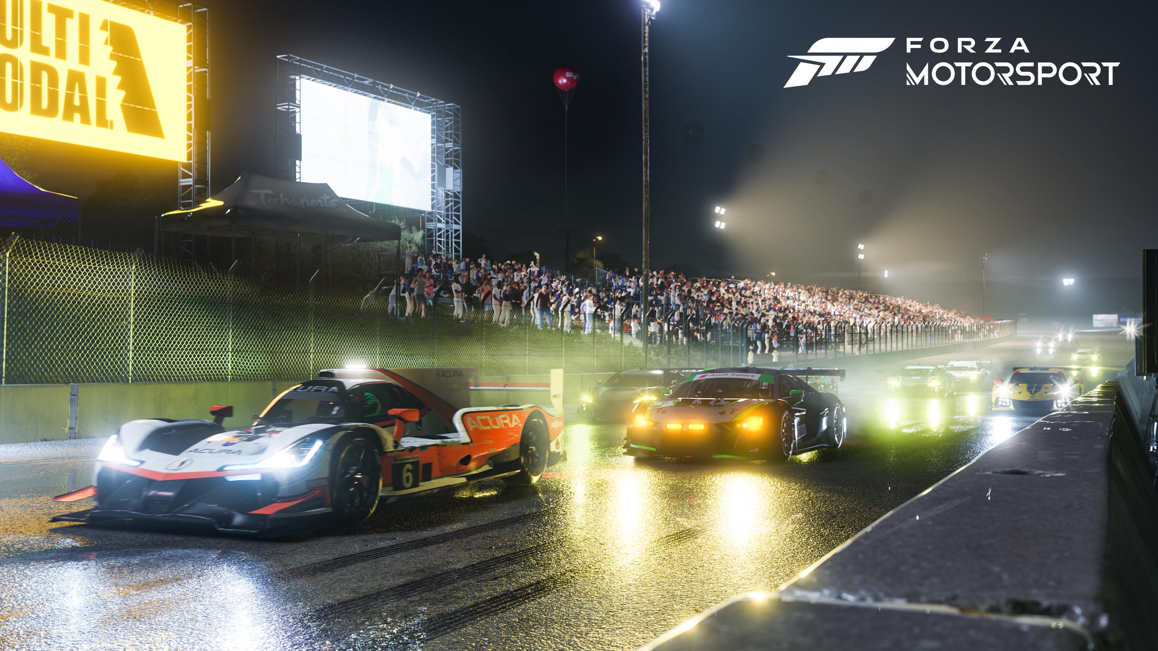 Cars race around a track at night in Forza Motorsport.