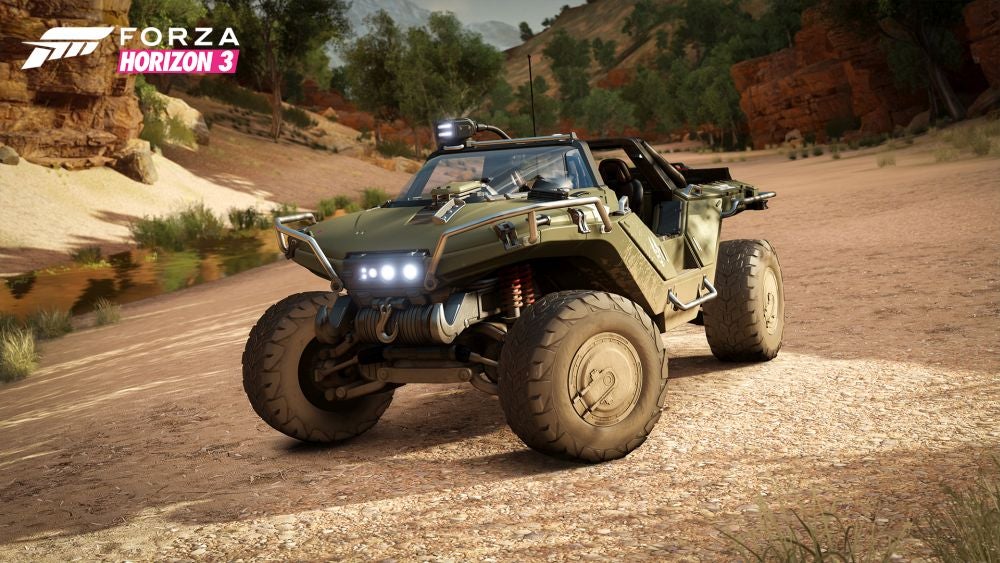 Image for Forza Horizon 3 is gold:  PC specs and Achievements listed, and a Warthog is included for Halo players