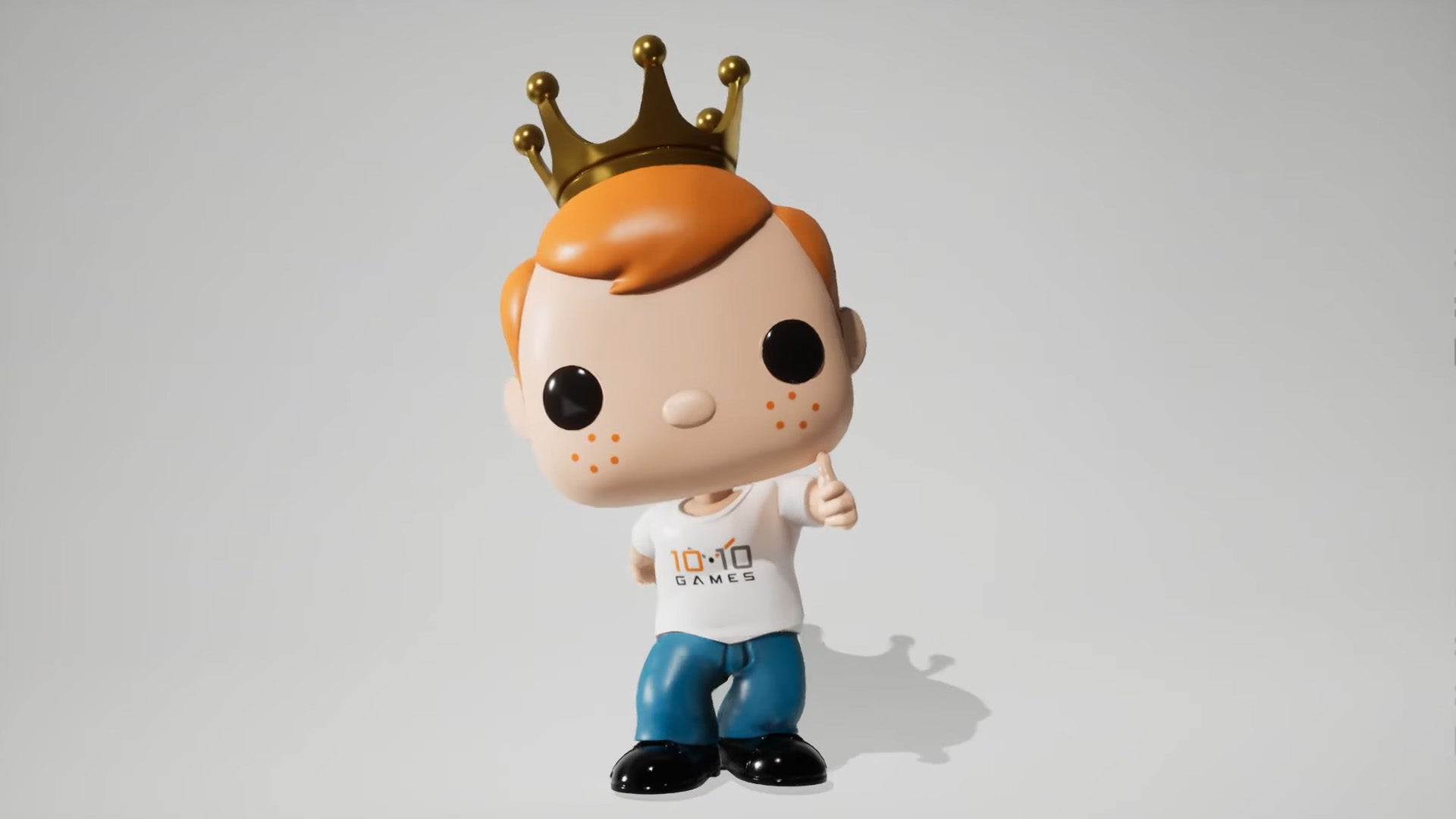 Screenshot of the announcement trailer for a Funko AAA video game showing a character called Freddy giving a thumbs up, he is ginger and he is wearing a crown.
