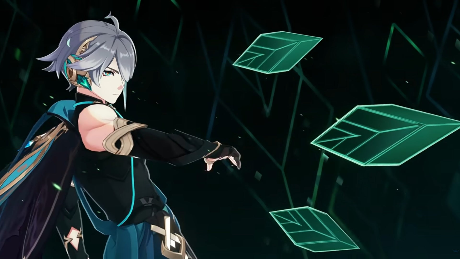 Genshin Impact Alhaitham build: An anime man with short silver hair, wearing a black tunic with a green cape, is throwing three leaf-shaped mirrors offscreen