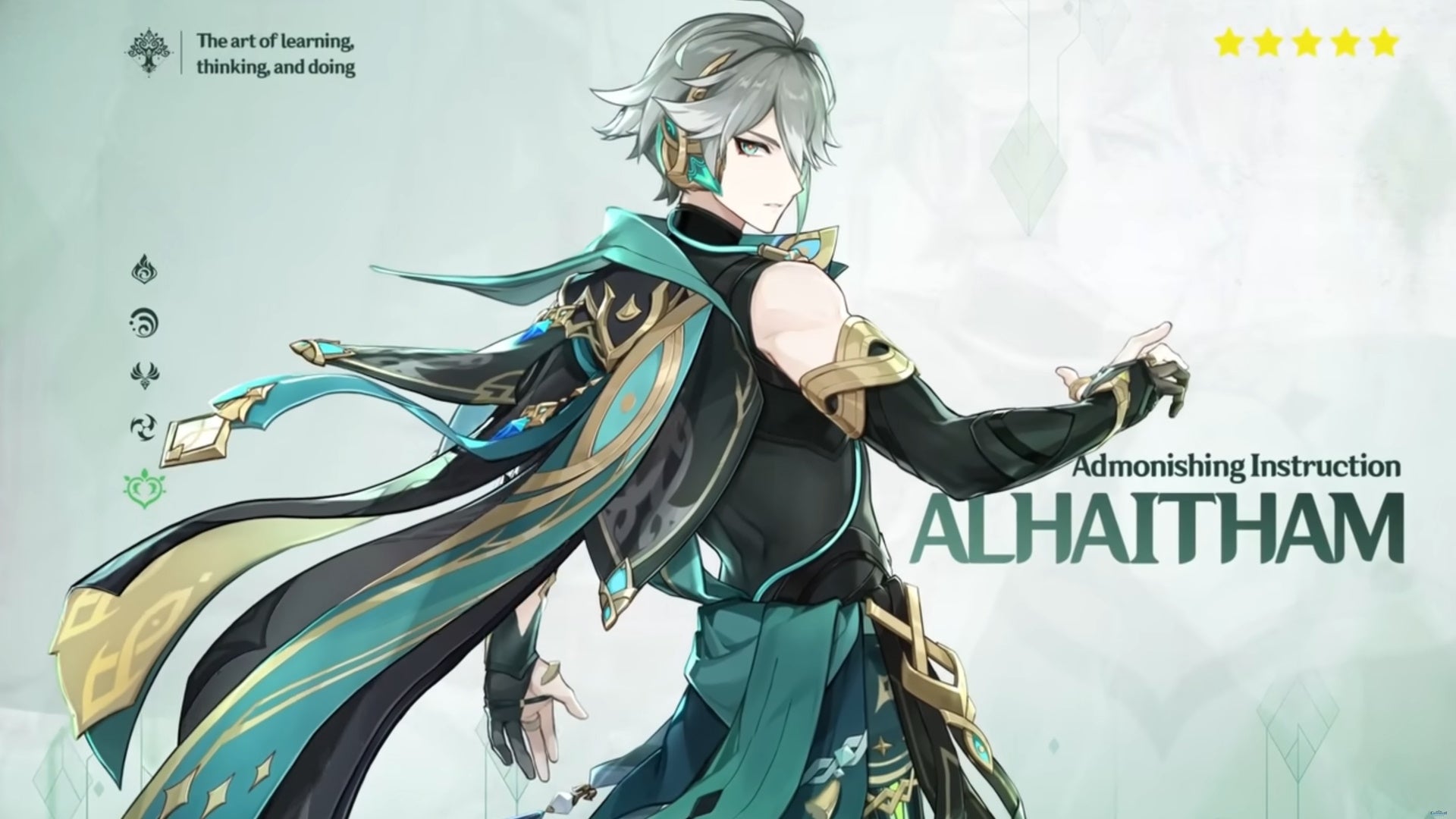 Genshin Impact Alhaitham build: An anime man with short silver hair, wearing a black tunic with a green cape, stands with one arm extended and his fist clenched in a dramatic pose.