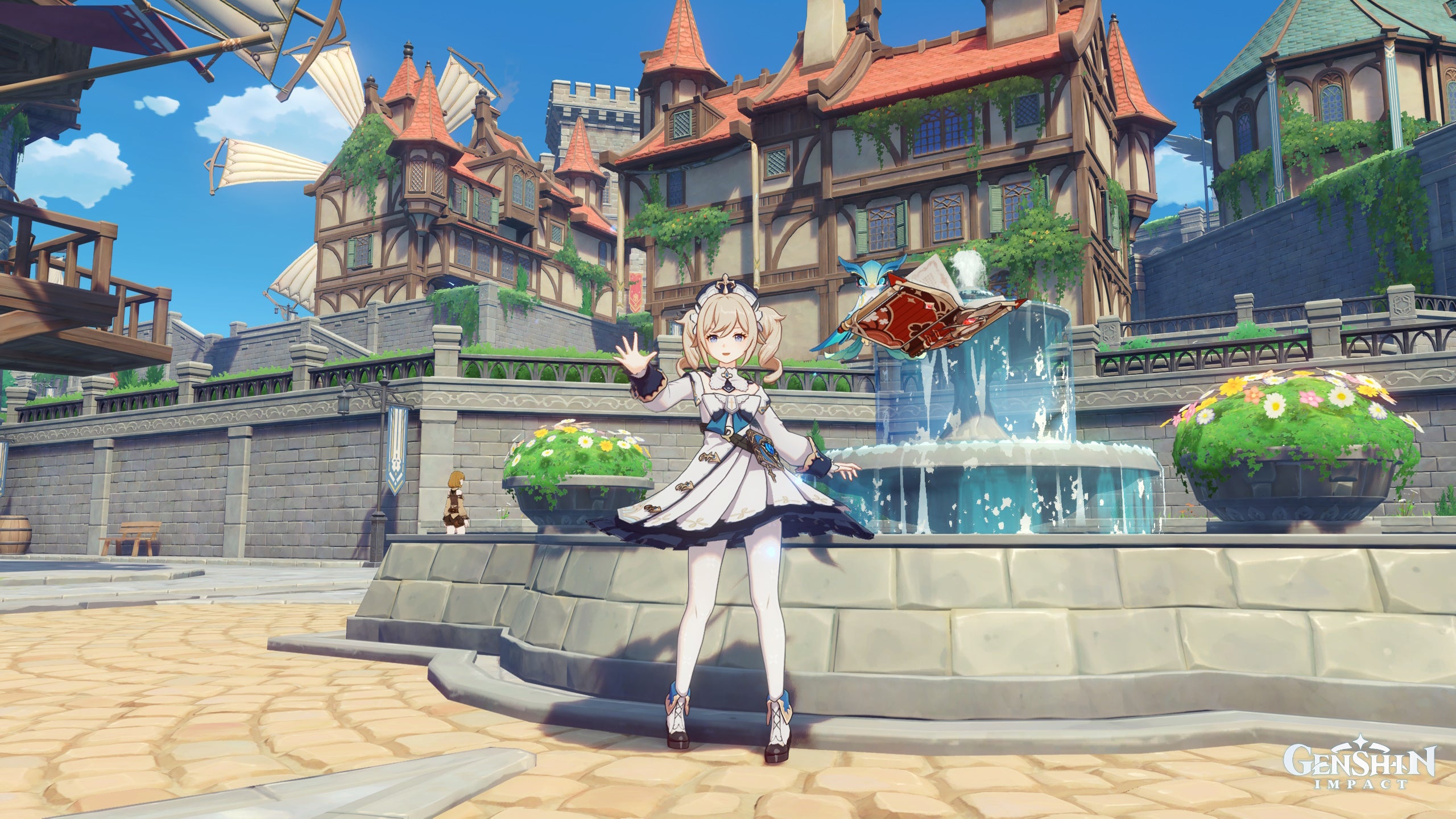 Genshin Impact Barbara build: An anime girl with blonde hair, wearing a blue and dove-grey dress with a matching hat, is standing on brick pavement in front of a stone fountain. She has a floating red book to her left and holds her right hand up in welcome