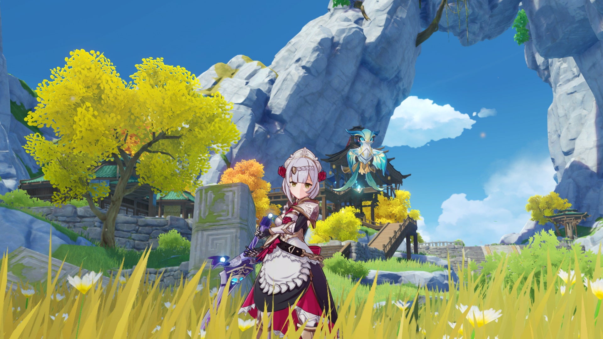 Genshin Impact Noelle build: An anime woman in silver armor and a maid's apron wields a large sword in the middle of a field
